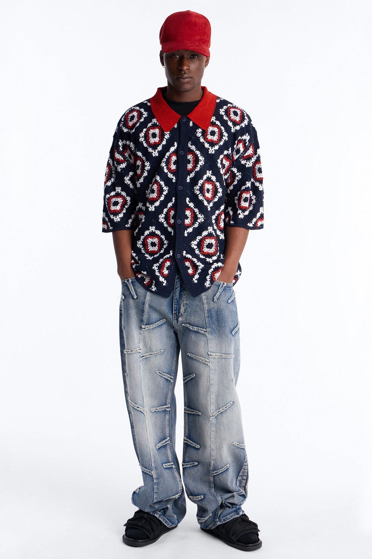 Kaleido Bloom Crochet Button Up Shirt - Navy image 2