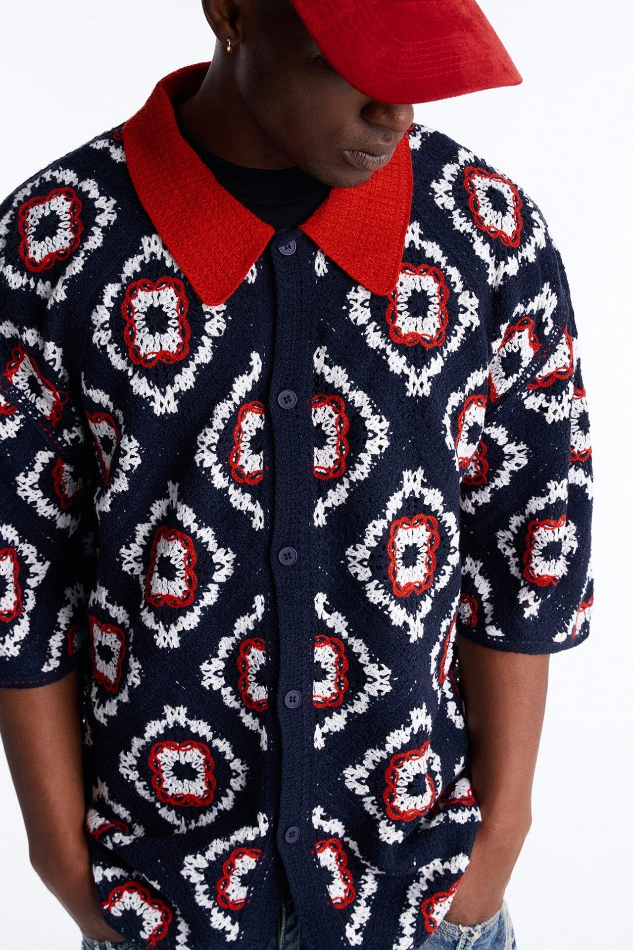 Kaleido Bloom Crochet Button Up Shirt - Navy image 3