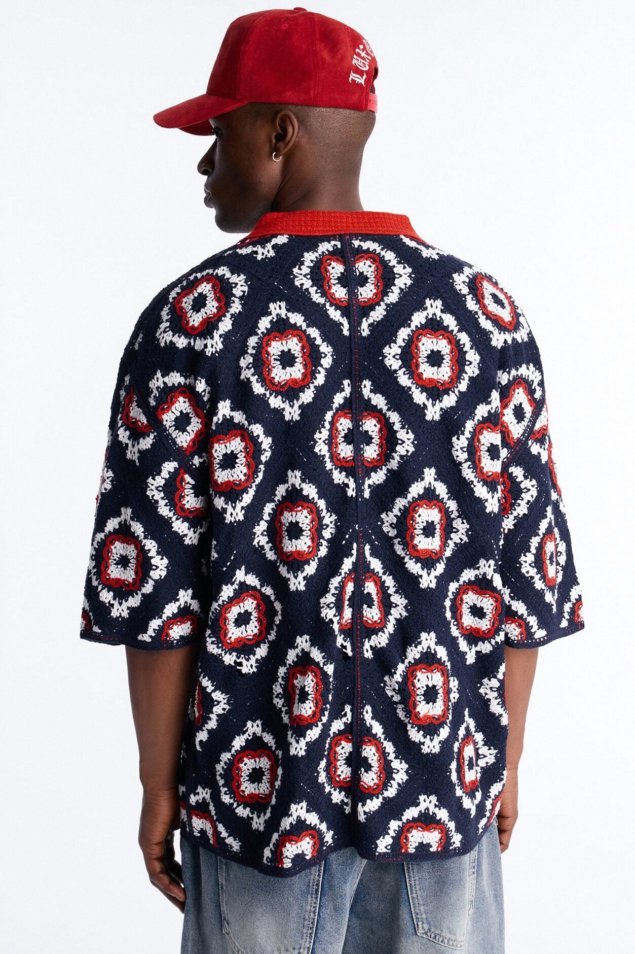 Kaleido Bloom Crochet Button Up Shirt - Navy image 4