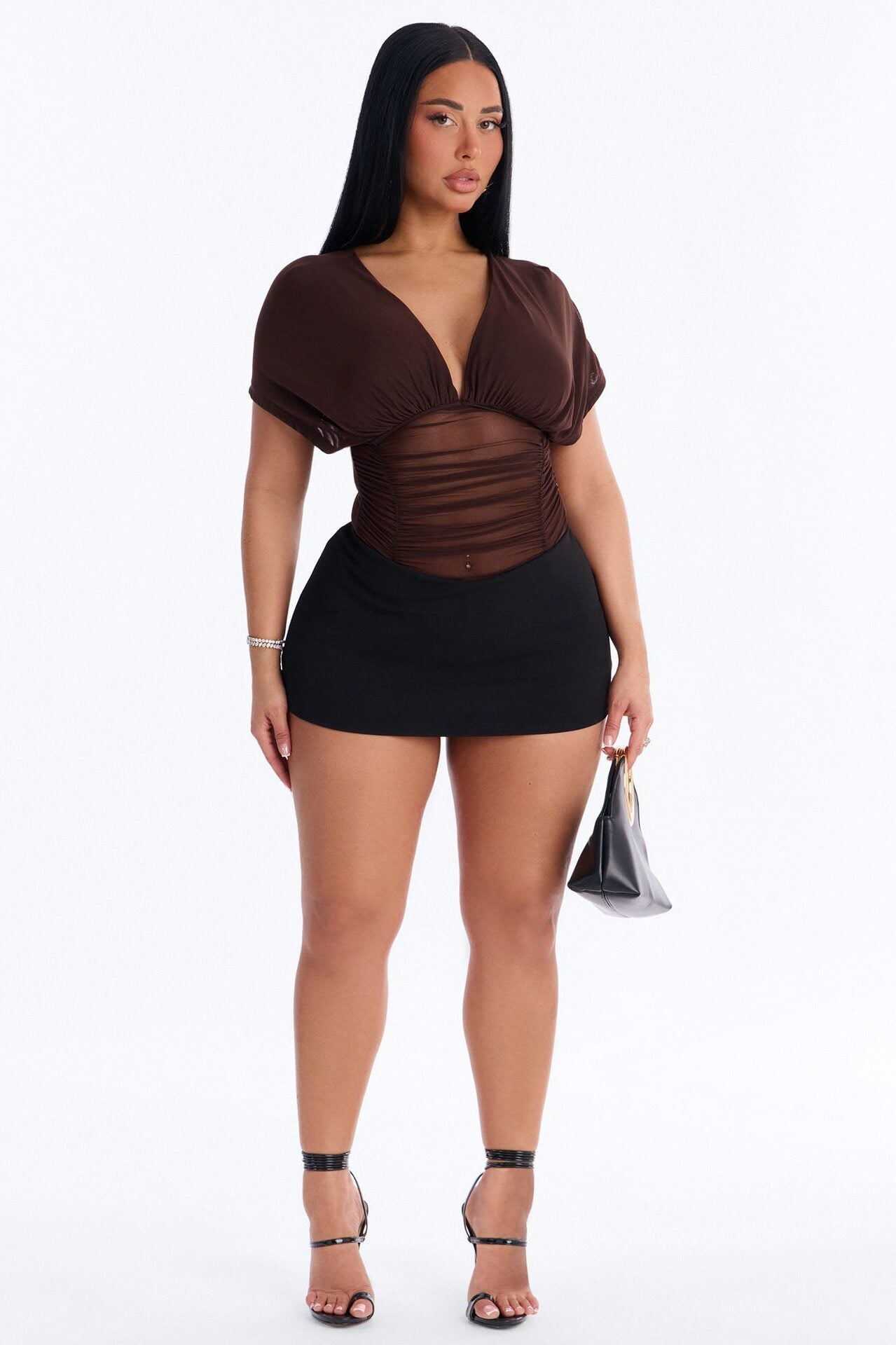 Leilani Sheer Mesh Ruched Short Sleeve Bodysuit - Brown image 2
