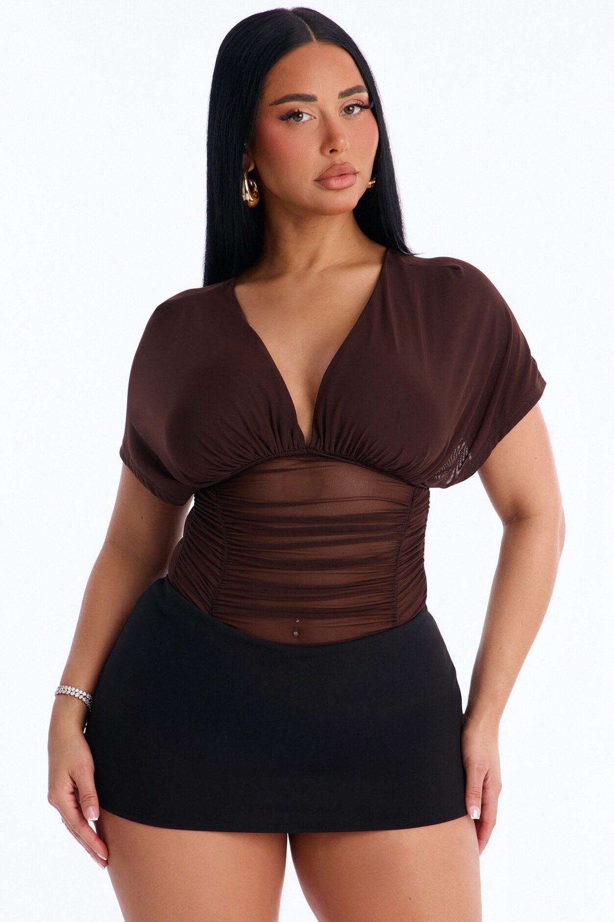 Leilani Sheer Mesh Ruched Short Sleeve Bodysuit - Brown image 3
