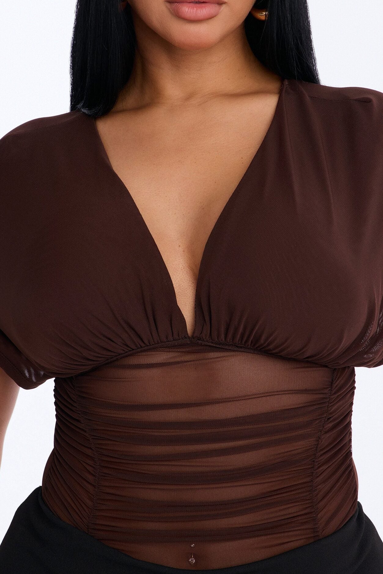 Leilani Sheer Mesh Ruched Short Sleeve Bodysuit - Brown image 4