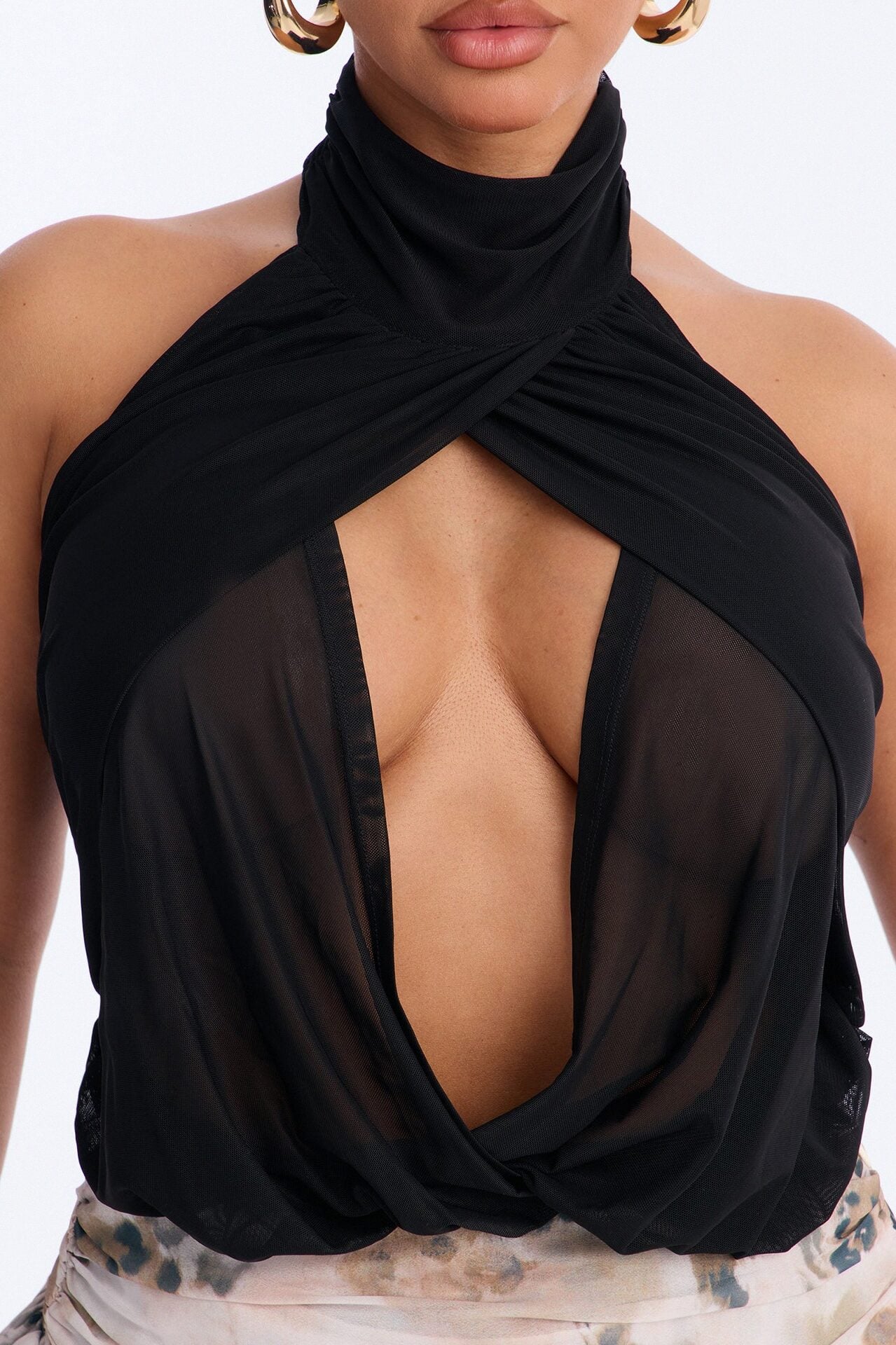 Divine Ease Sheer Mesh Ruched Halter Top - Black image 3