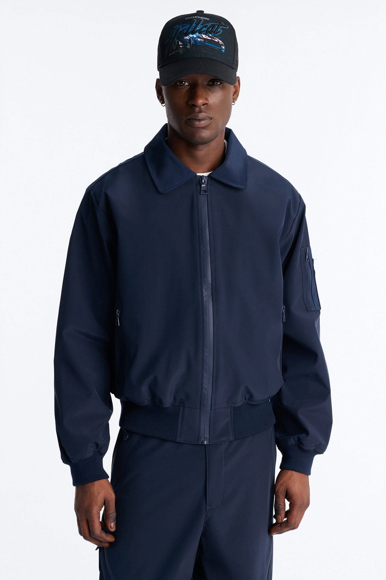 Cropped Relaxed Liberty Zip Bomber Jacket - Navy image 3