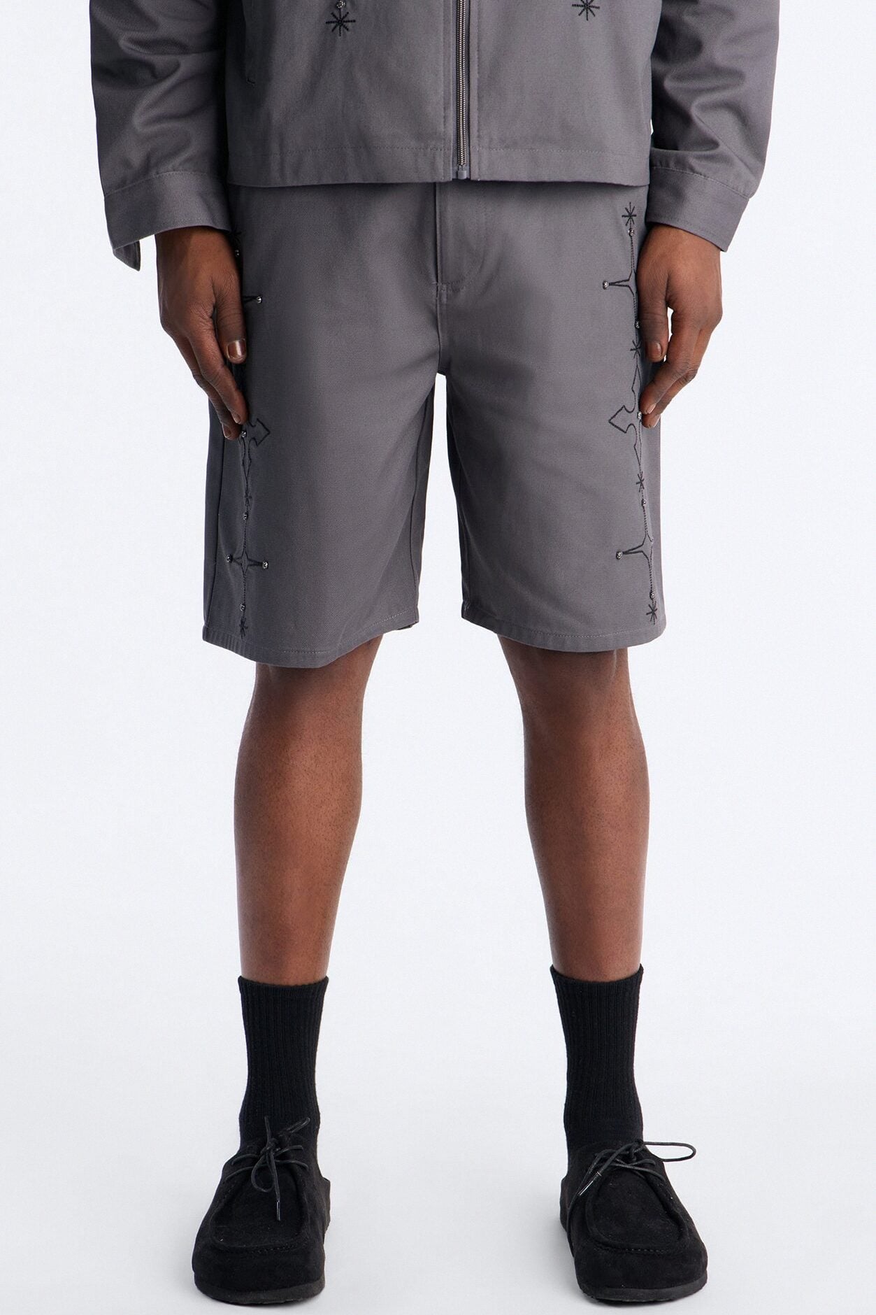 Relaxed Vatican City Stitched Embellished Short - Grey image 2
