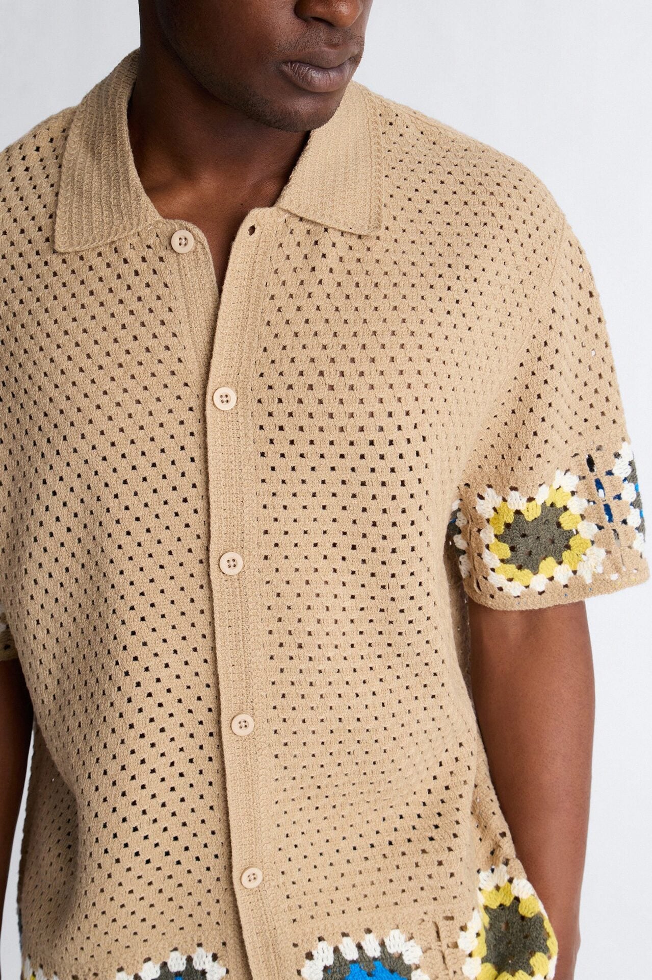 Relaxed Daisy Daze Crochet Button Up Shirt - Tan image 3
