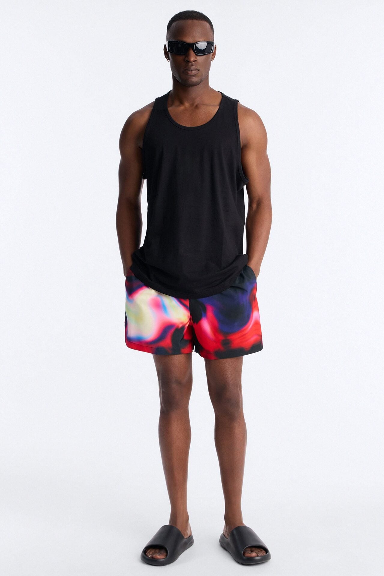 Relaxed Futuristic Abstract Acid Blur Swim Trunk 4″ - Black image 2