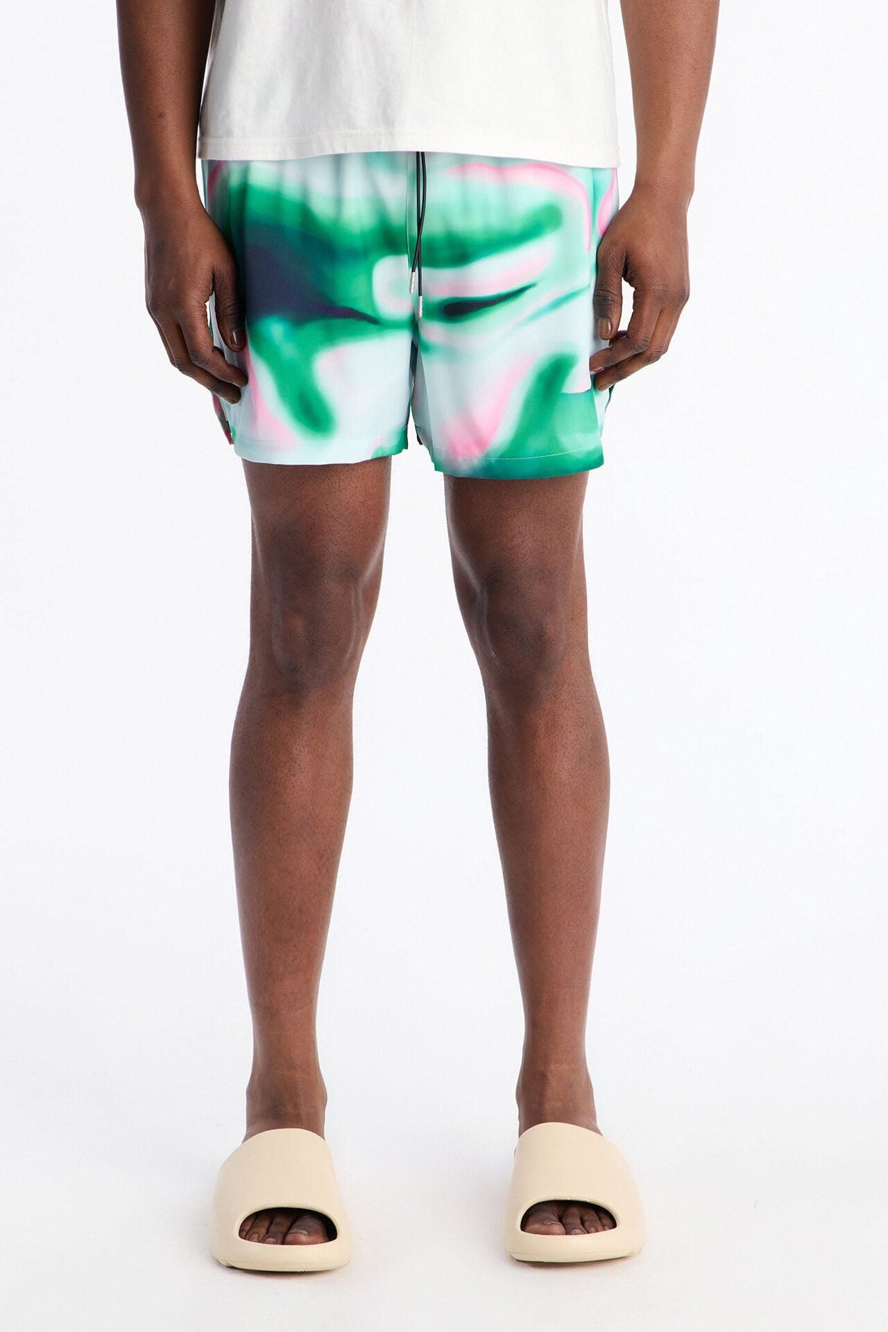 Relaxed Futuristic Abstract Acid Blur Swim Trunk 4″ - Green image 2