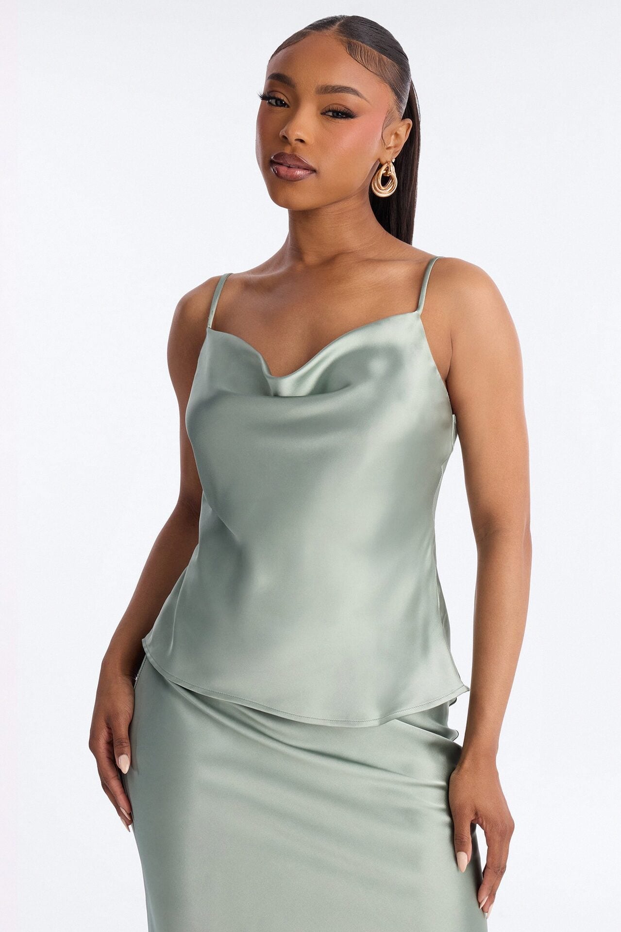 Madison Bias Cut Satin Midi Skirt Set - Sage image 2