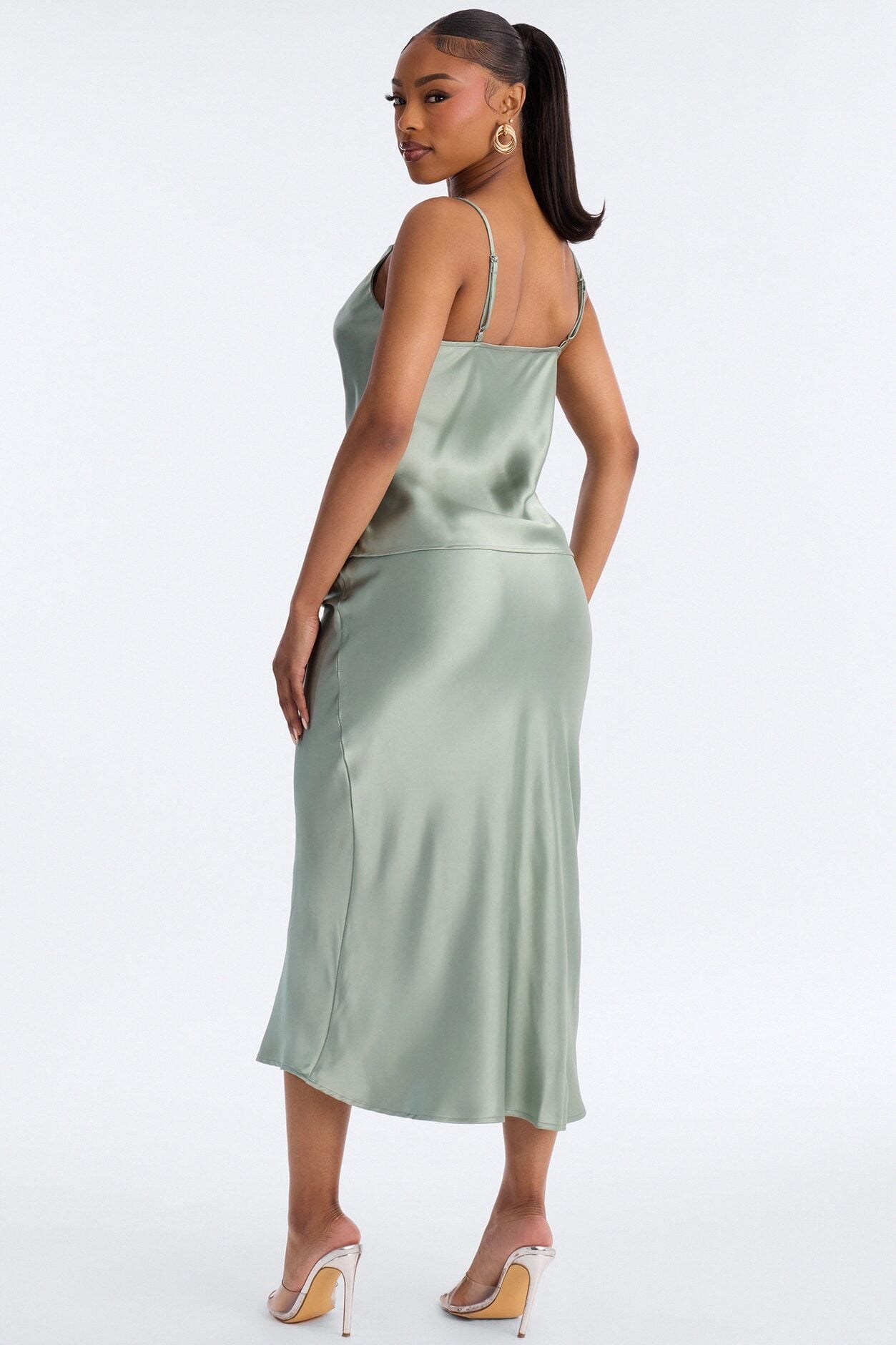 Madison Bias Cut Satin Midi Skirt Set - Sage image 3