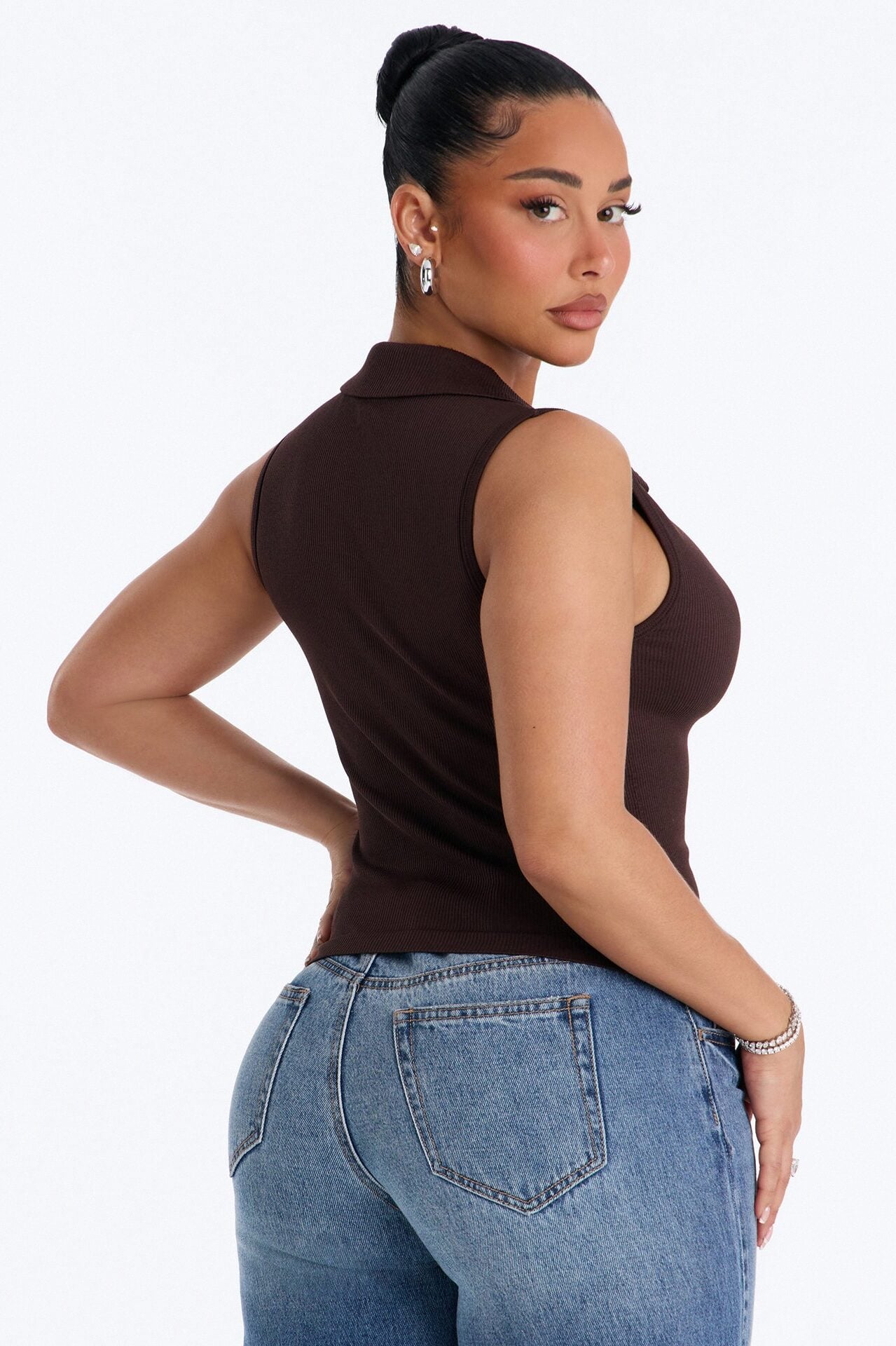 Lyra Seamless Rib Basic Sleeveless Collared Top - Brown image 4