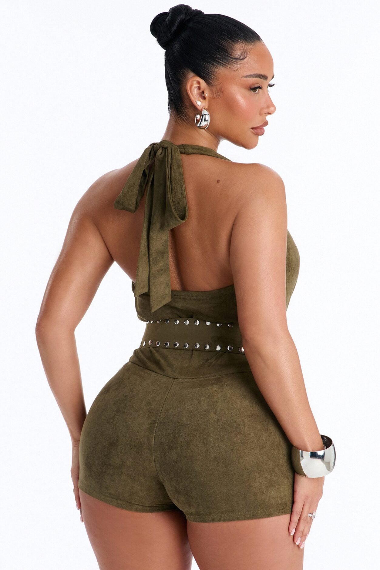 Western Wonder Cowl Neck Faux Suede Romper - Olive image 4