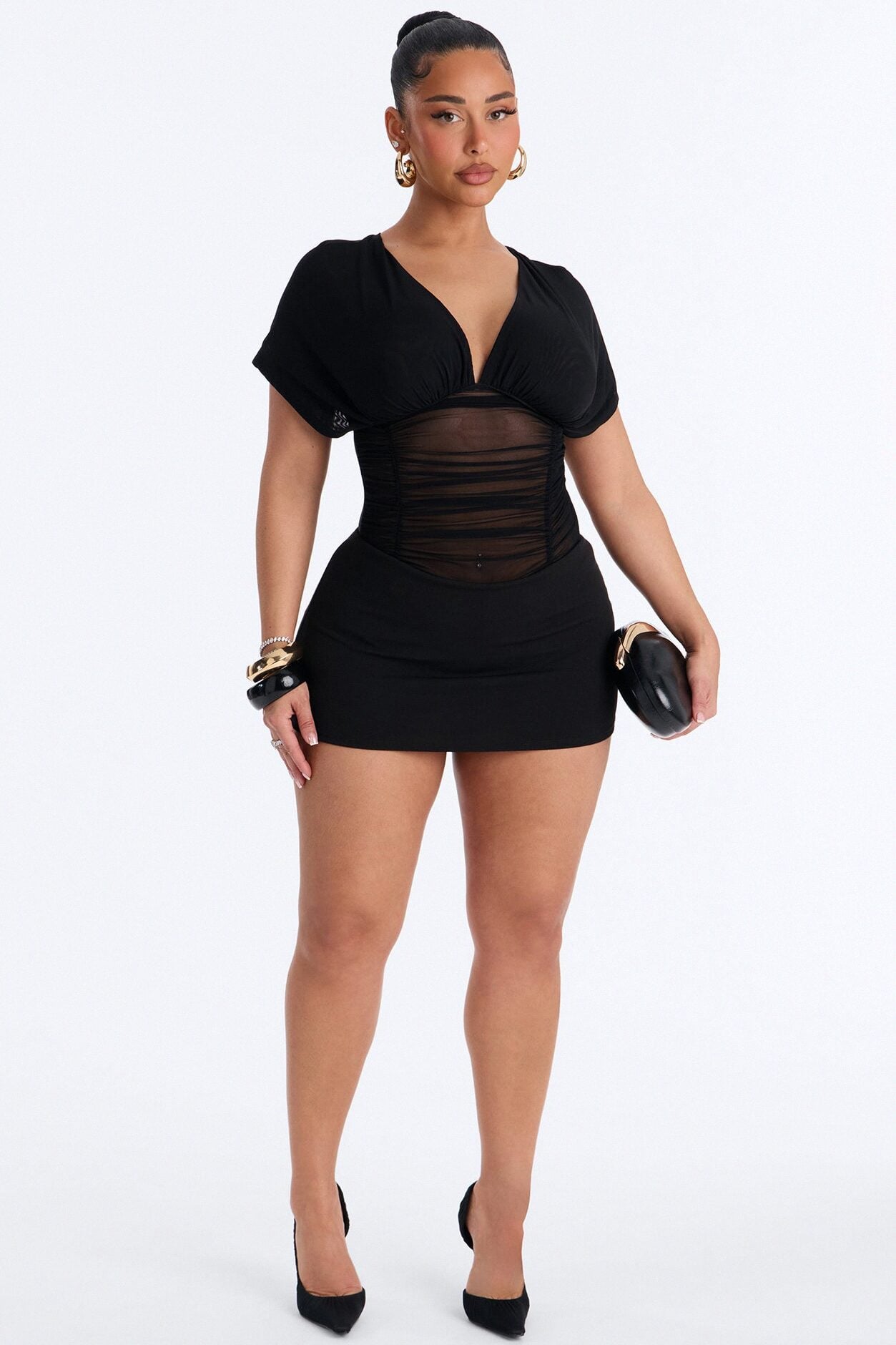 Leilani Sheer Mesh Ruched Short Sleeve Bodysuit - Black image 2