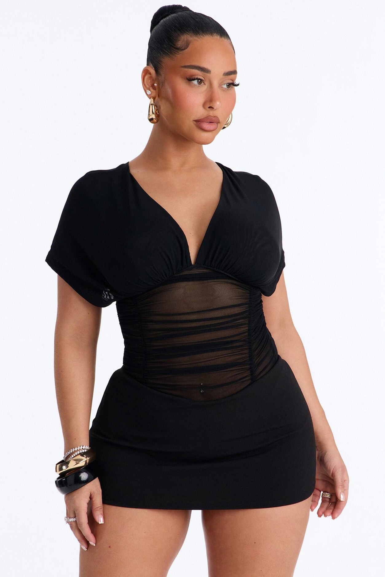 Leilani Sheer Mesh Ruched Short Sleeve Bodysuit - Black image 3