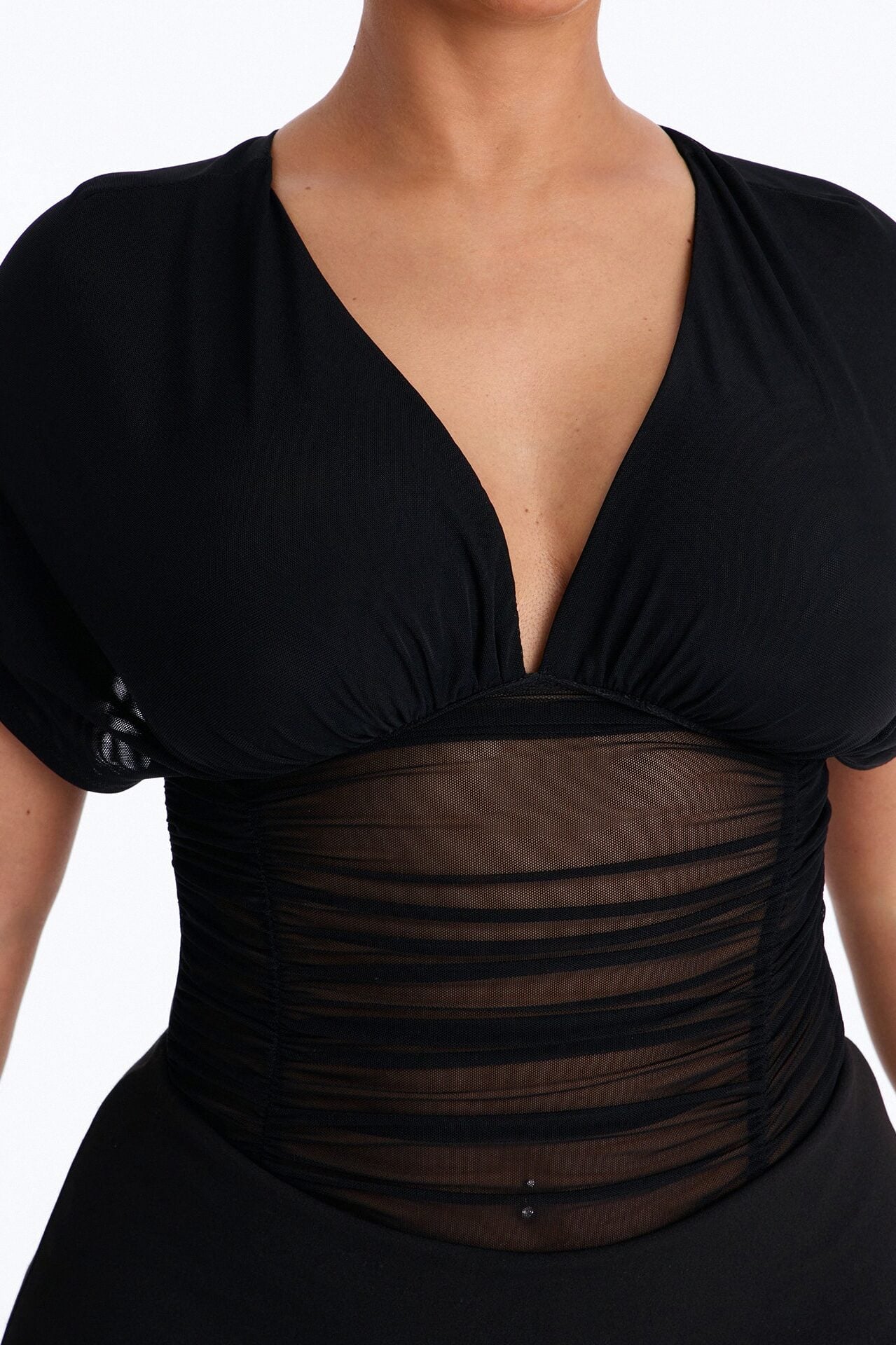 Leilani Sheer Mesh Ruched Short Sleeve Bodysuit - Black image 4