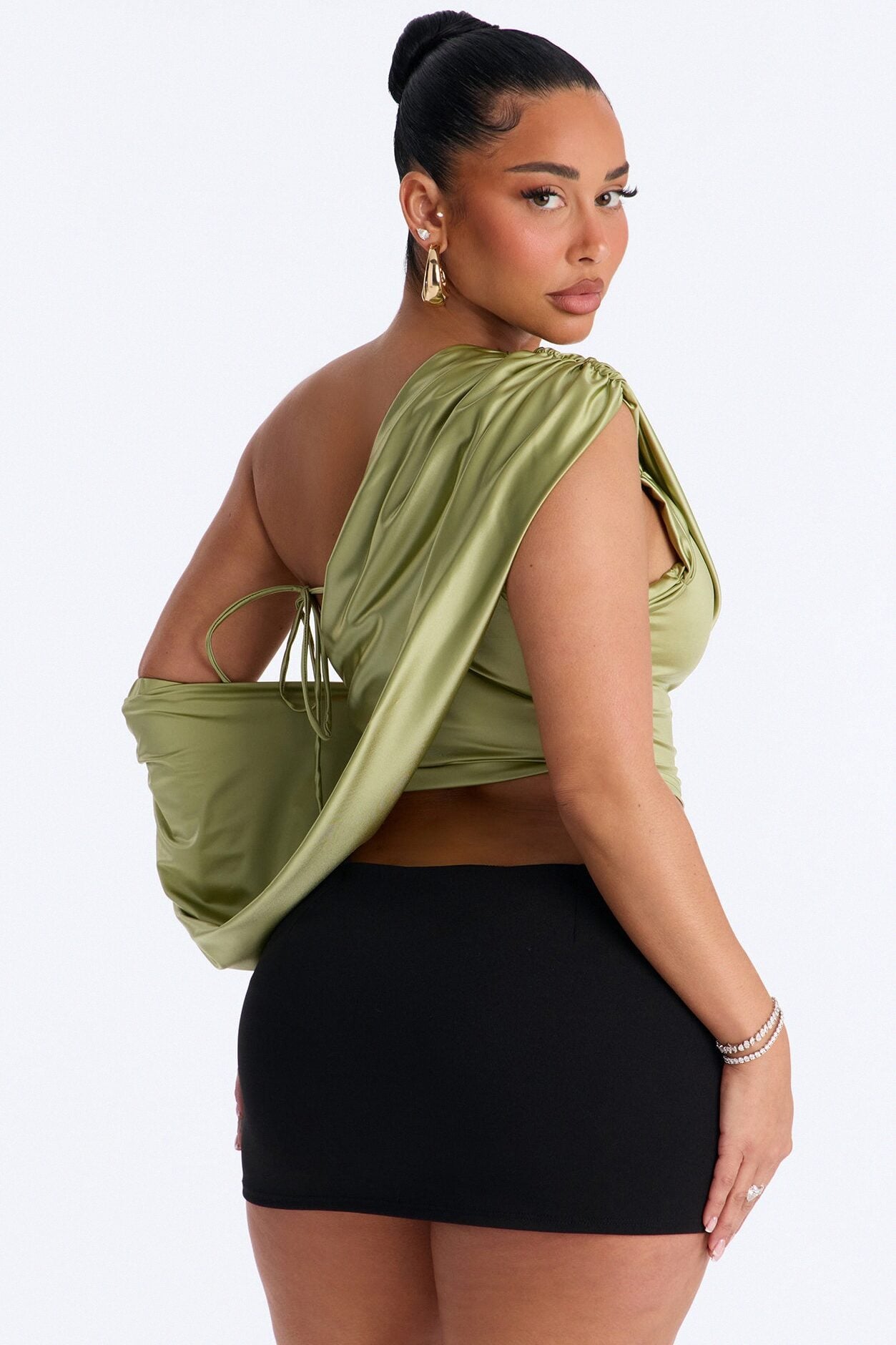 Eternal Muse Satin Draped Off Shoulder Top - Olive image 4