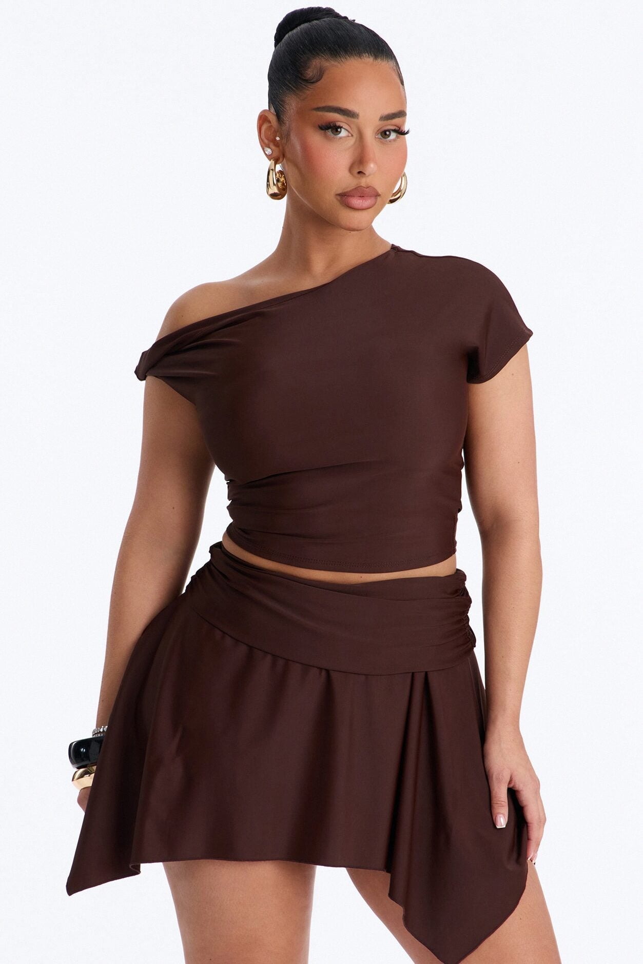 Gabriella Off Shoulder Asymmetrical Skirt Set - Brown image 2
