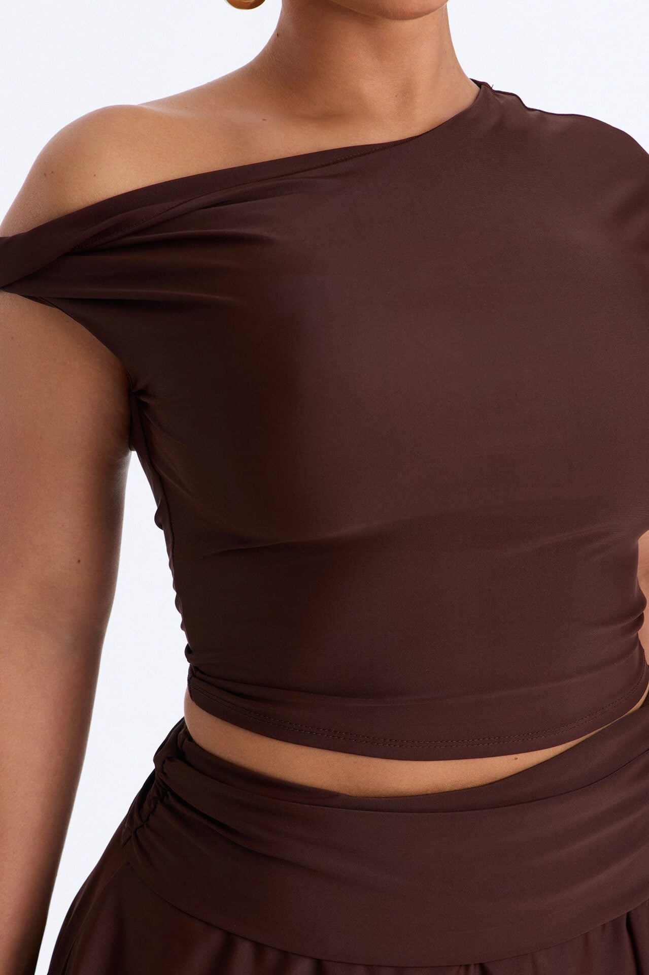 Gabriella Off Shoulder Asymmetrical Skirt Set - Brown image 3