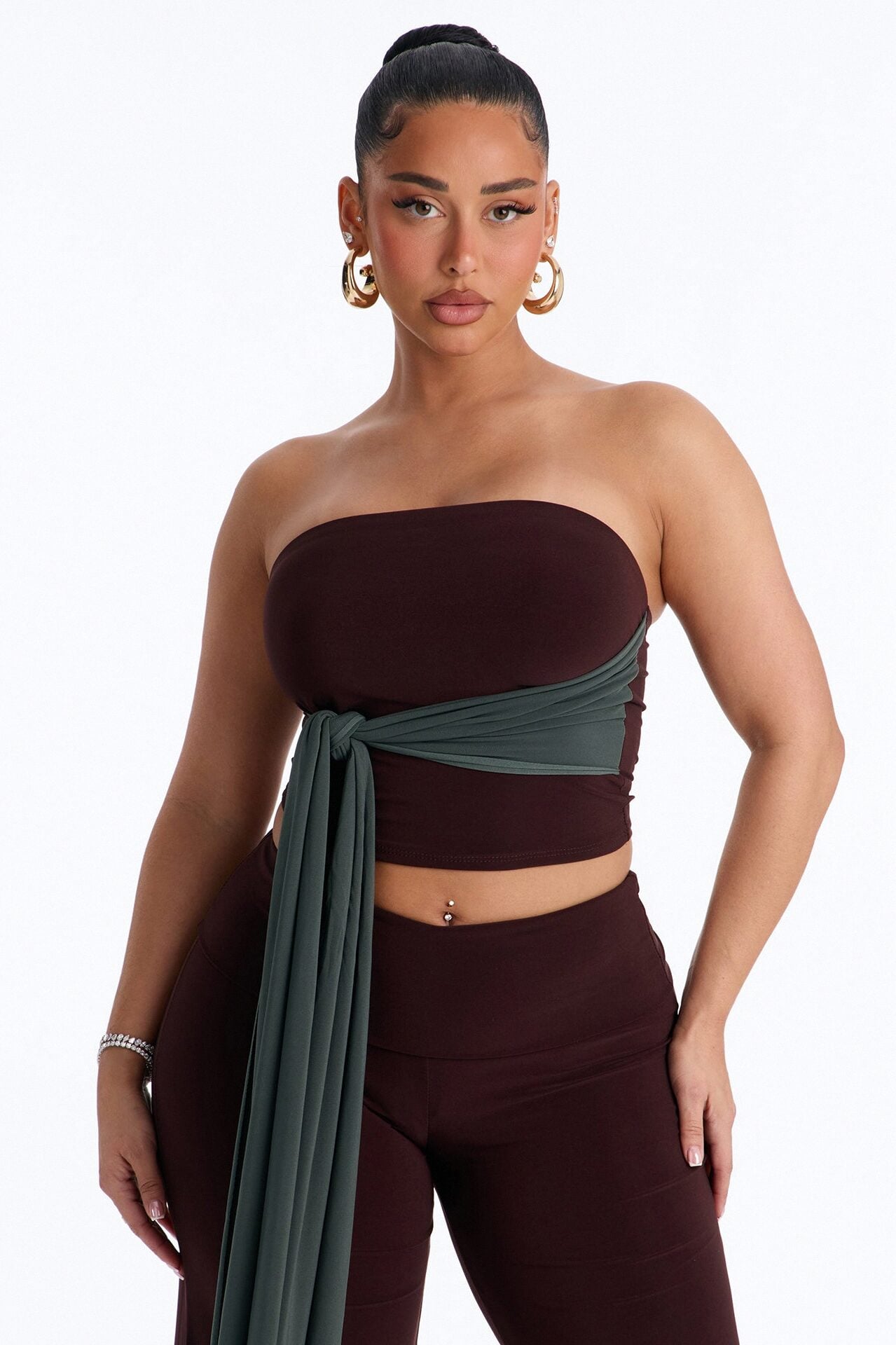 Devin Tie Front Colorblock Pant Set - Brown/combo image 2