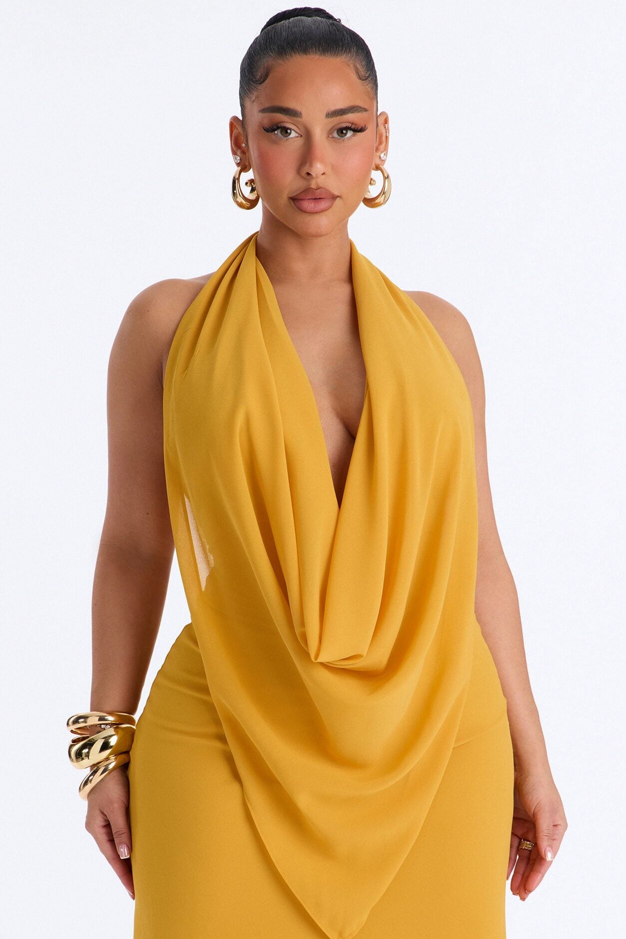 Indyah Draped Chiffon Maxi Dress - Mustard image 2