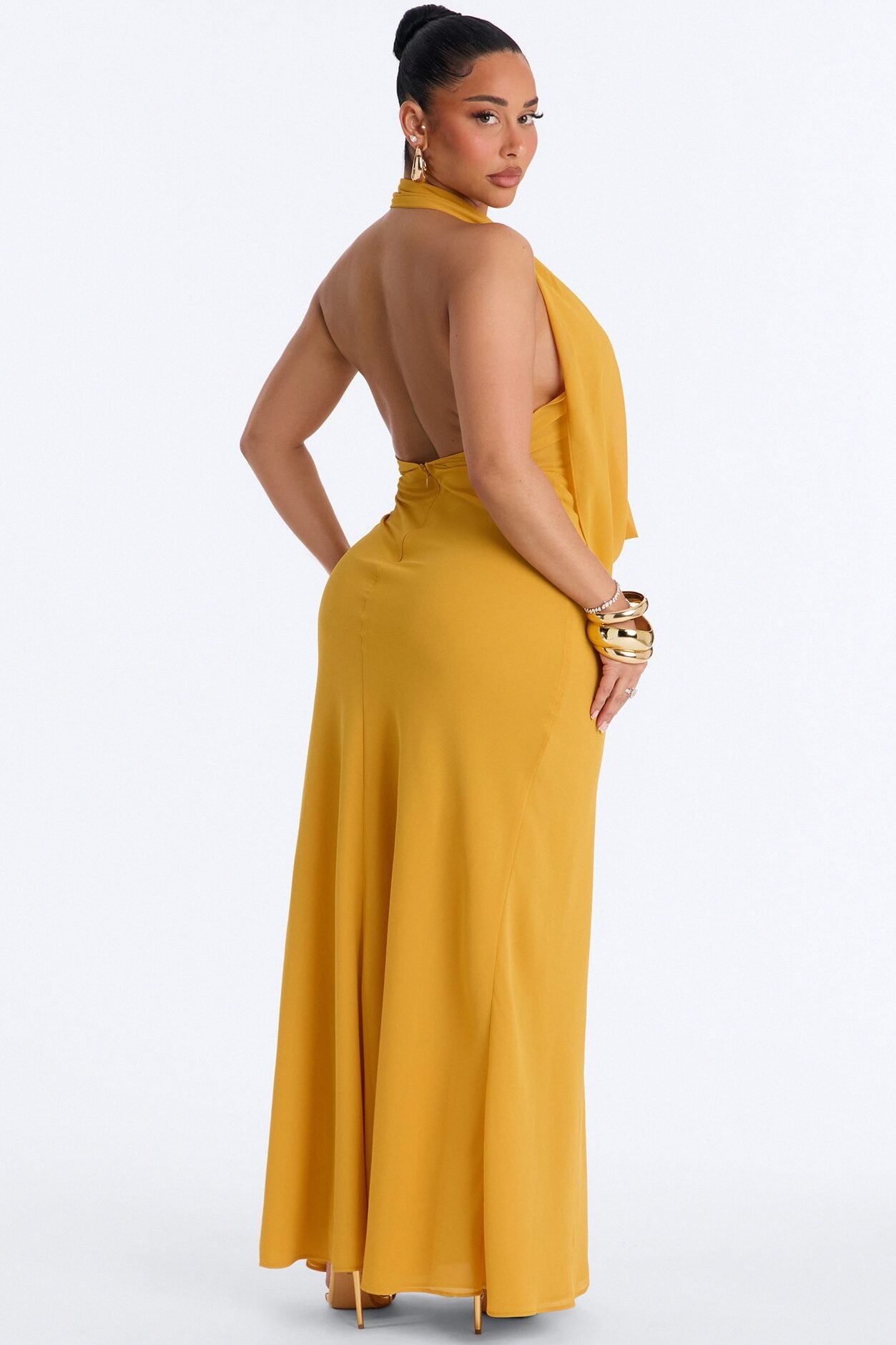 Indyah Draped Chiffon Maxi Dress - Mustard image 4