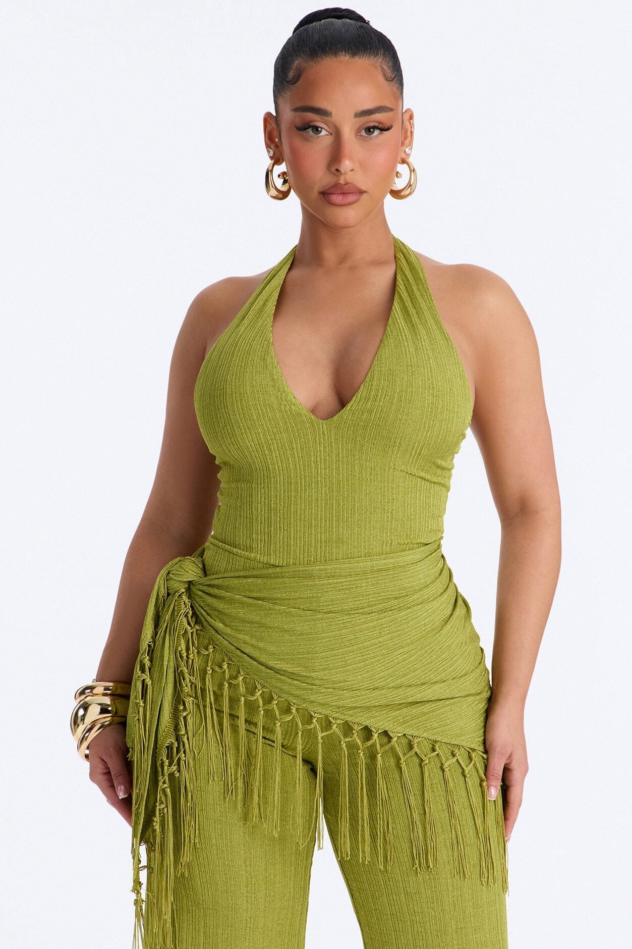 Too Chic Jumpsuit And Waist Scarf Set - Chartreuse image 2