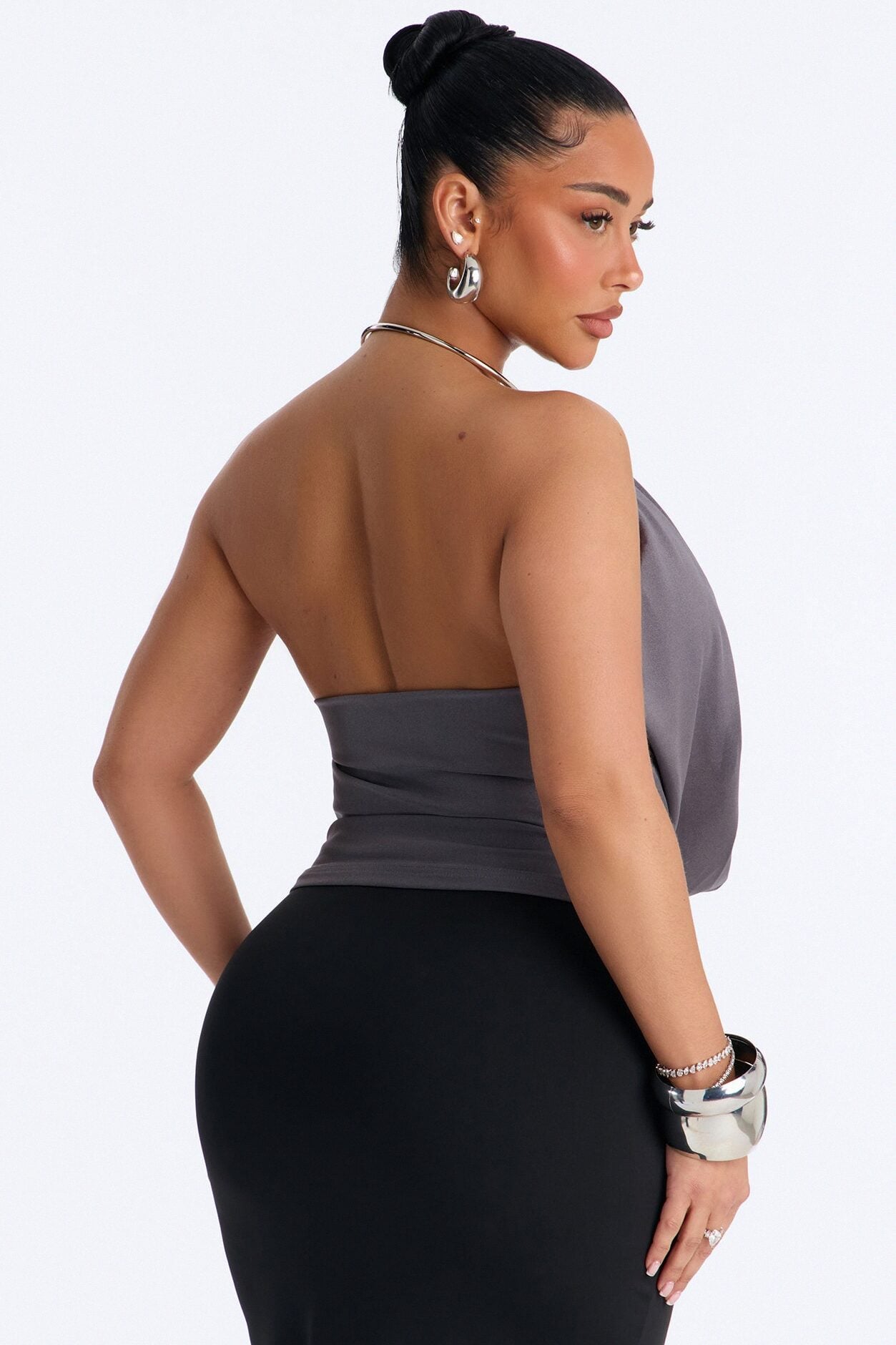 Lunar Goddess Cowl Neck Hardware Halter Top - Charcoal image 4