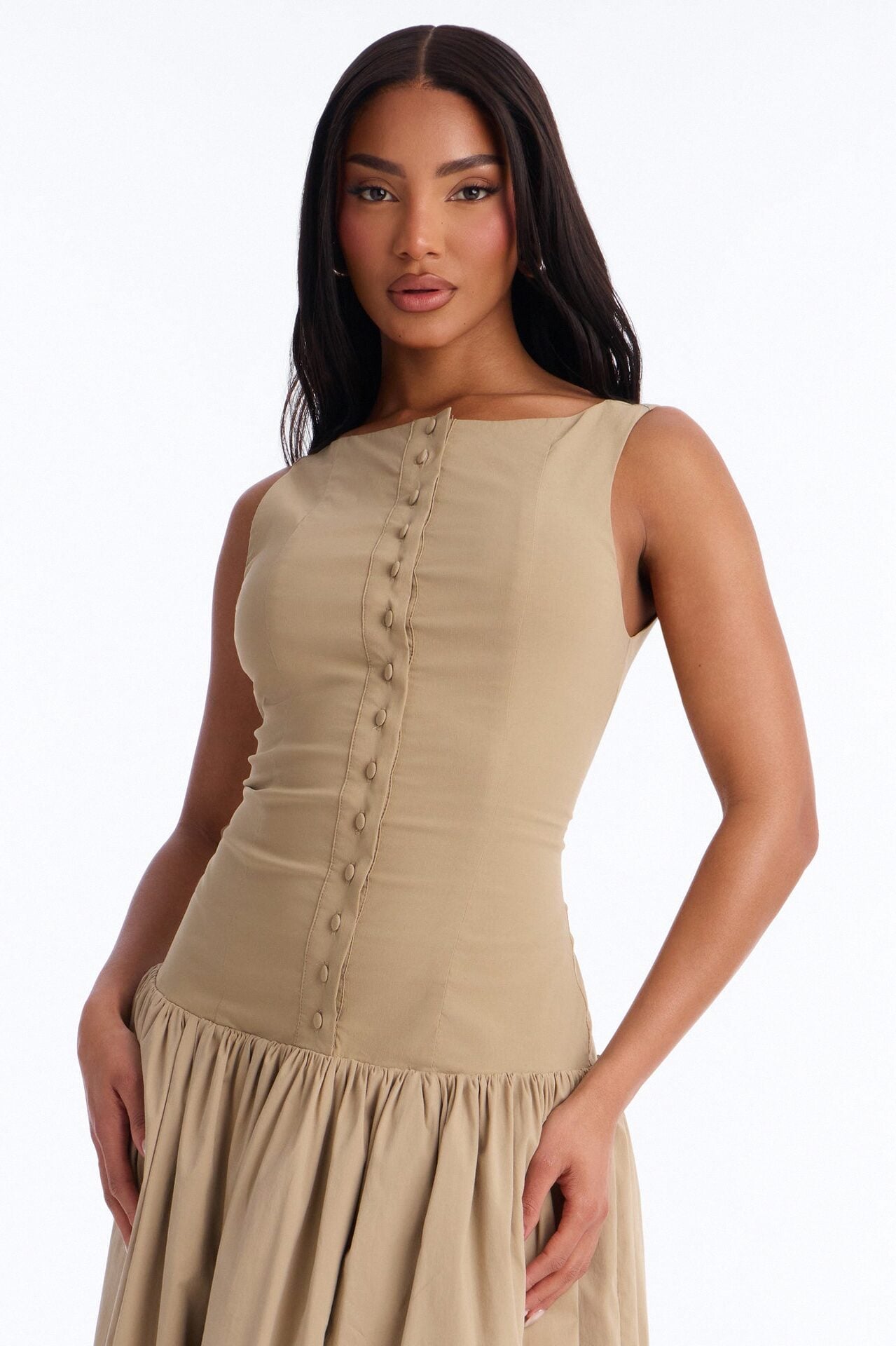 Everly Drop Waist Button Up Maxi Dress - Taupe image 2