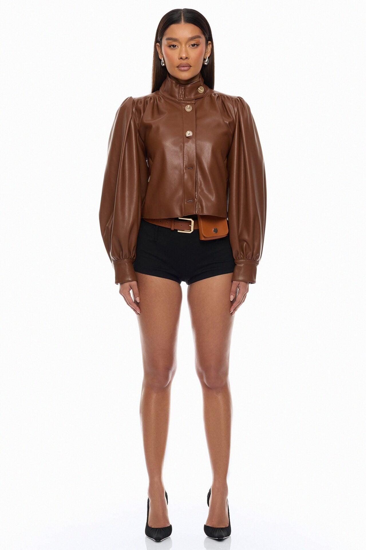 Marnie Balloon Sleeve Faux Leather Jacket - Brown image 2