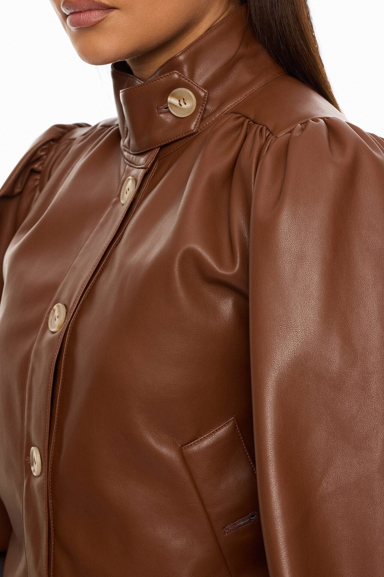 Marnie Balloon Sleeve Faux Leather Jacket - Brown image 3