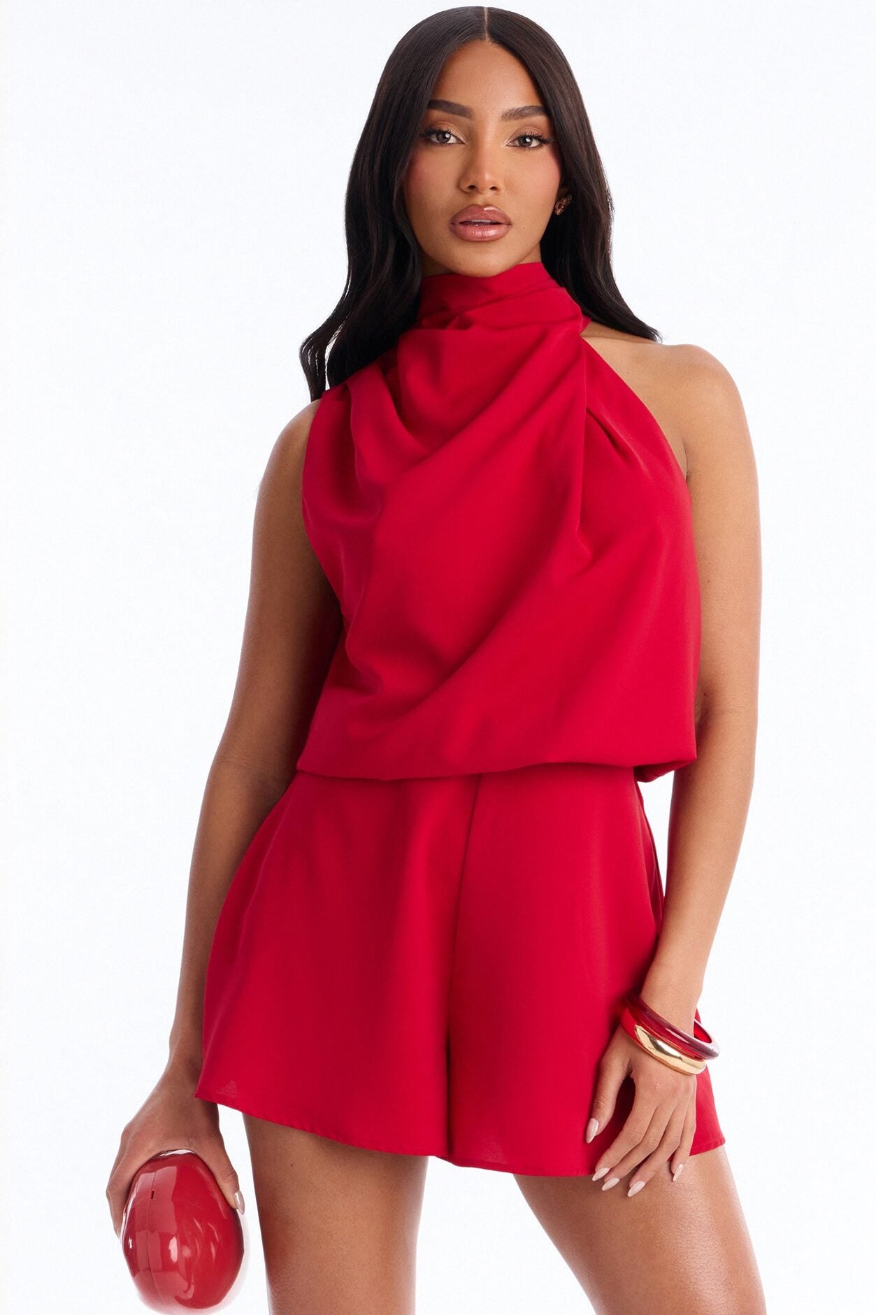 Rina Draped High Neck Romper - Red image 2