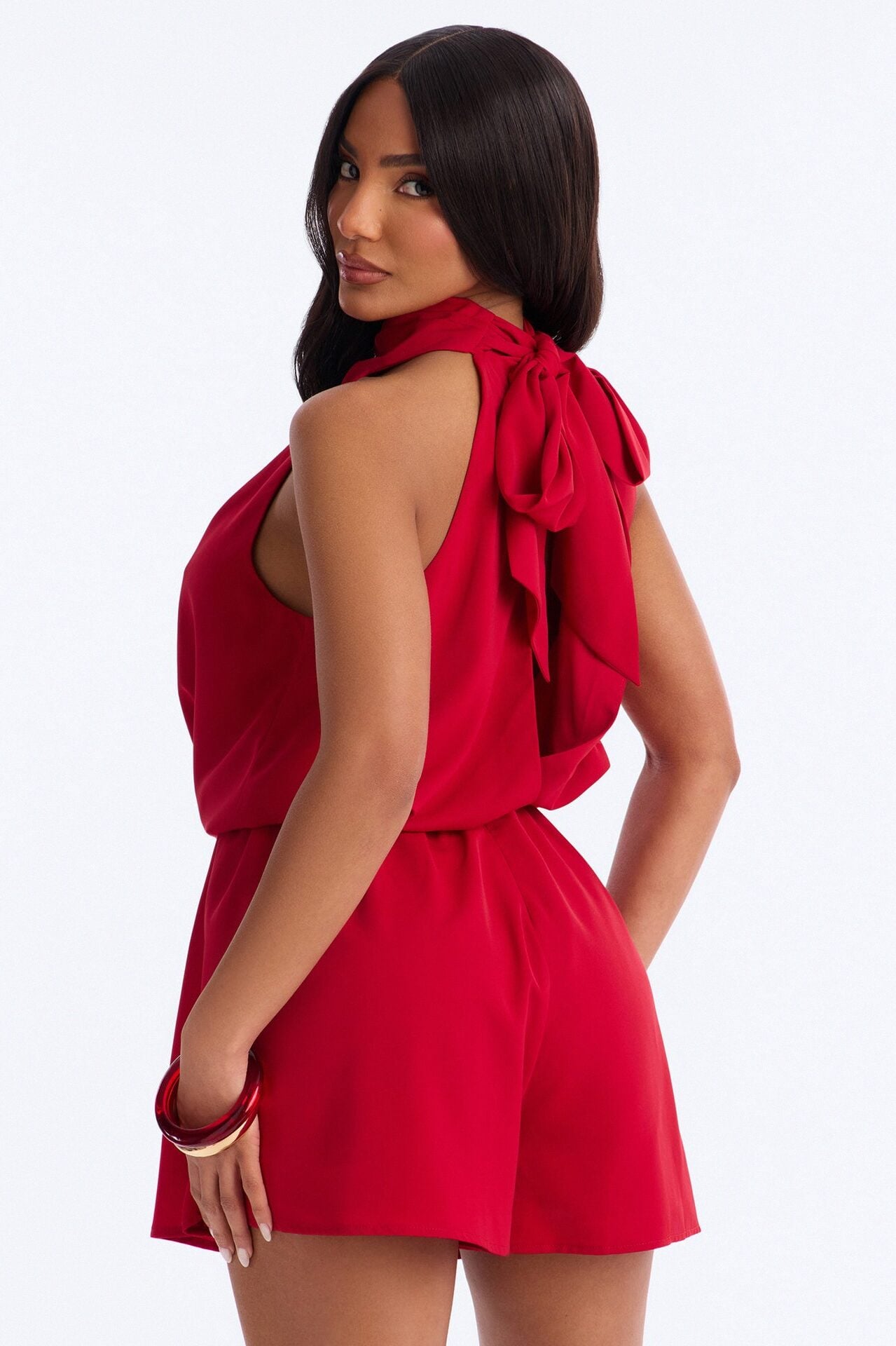 Rina Draped High Neck Romper - Red image 3