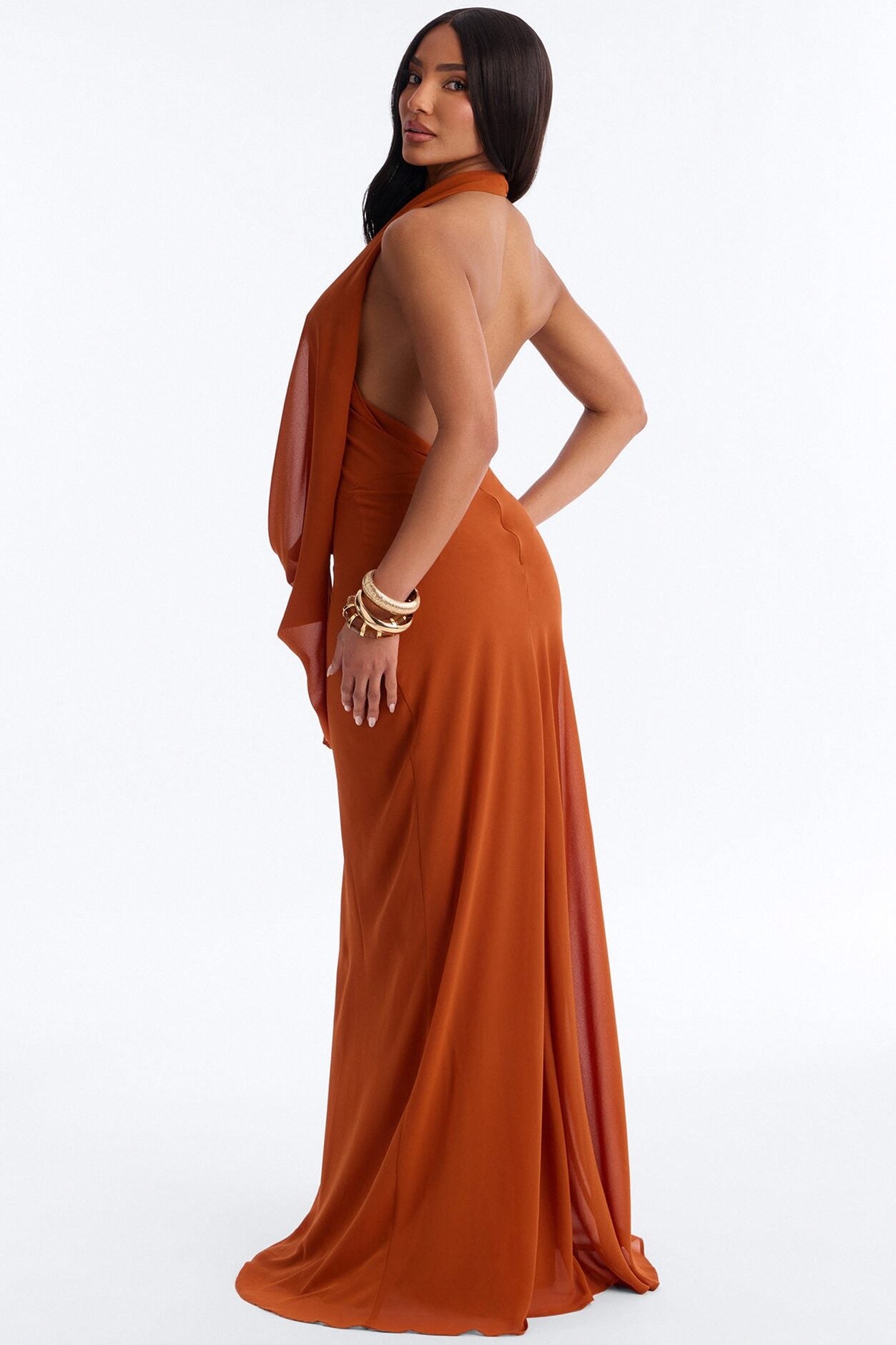 Indyah Draped Chiffon Maxi Dress - Cognac image 4
