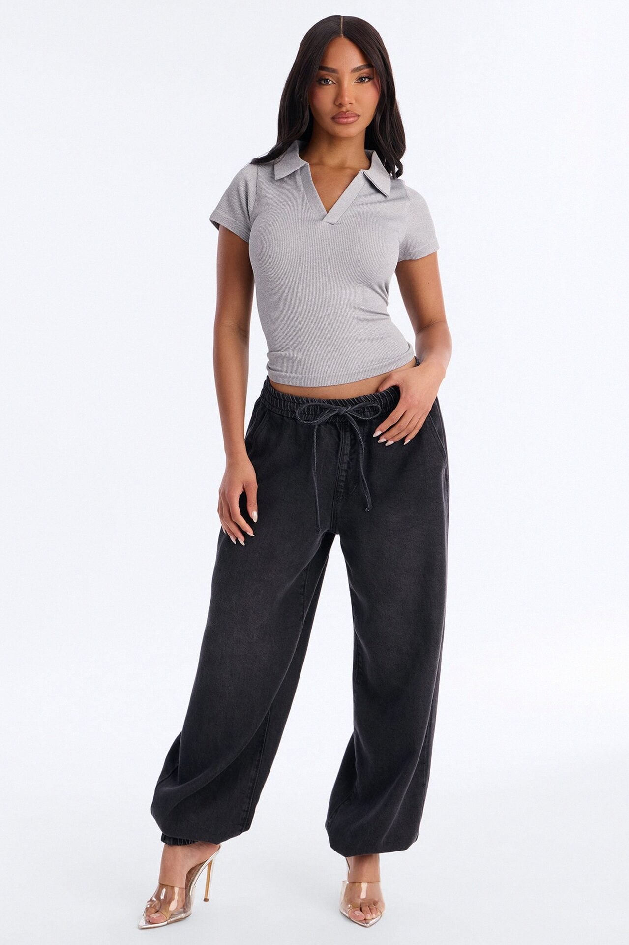 Evie Seamless Basic Polo Top - Heather Grey image 2