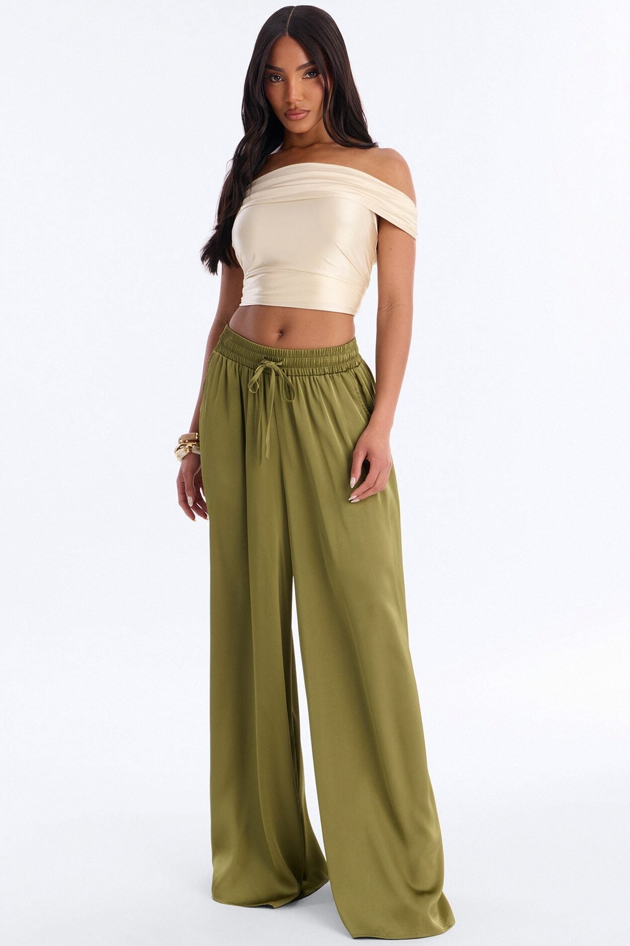 Slay All Night Wide Leg Satin Pant 33″ - Olive image 2