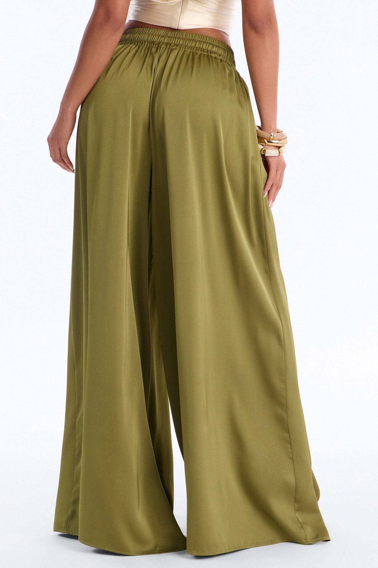 Slay All Night Wide Leg Satin Pant 33″ - Olive image 4