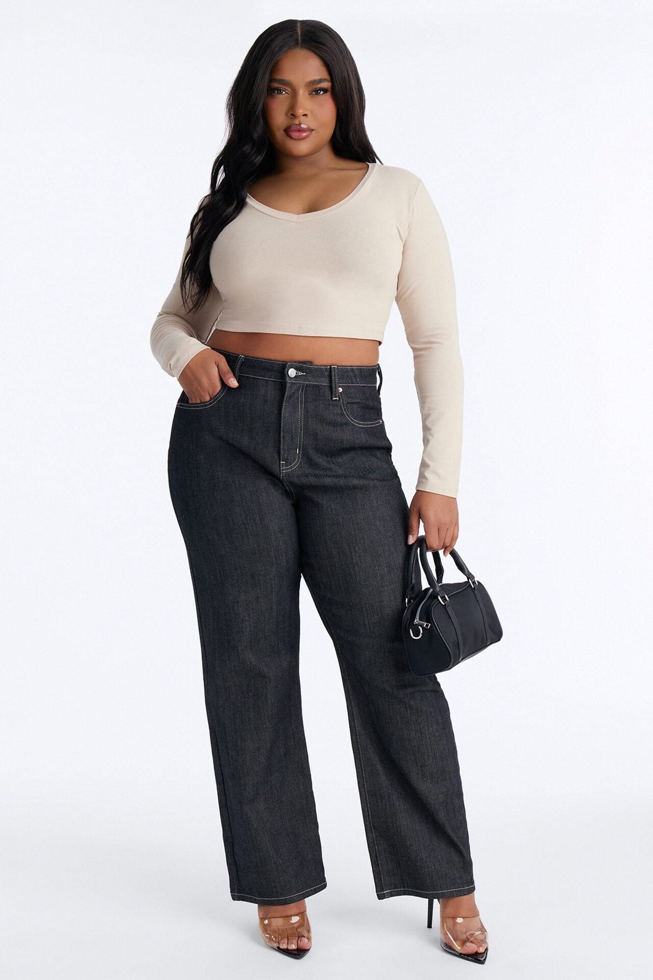 Carly V Neck Crop Long Sleeve Tee - Stone image 6
