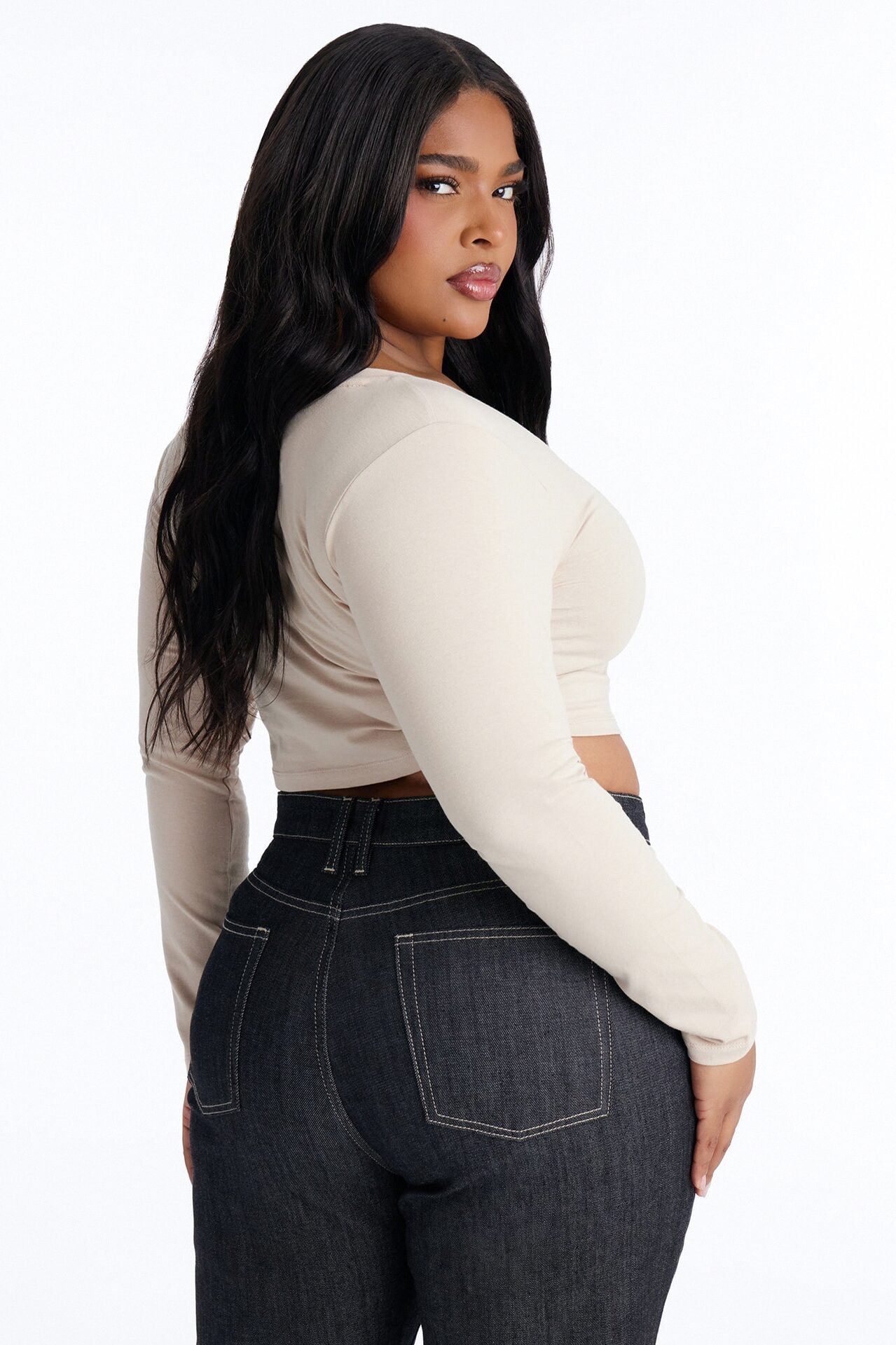 Carly V Neck Crop Long Sleeve Tee - Stone image 7