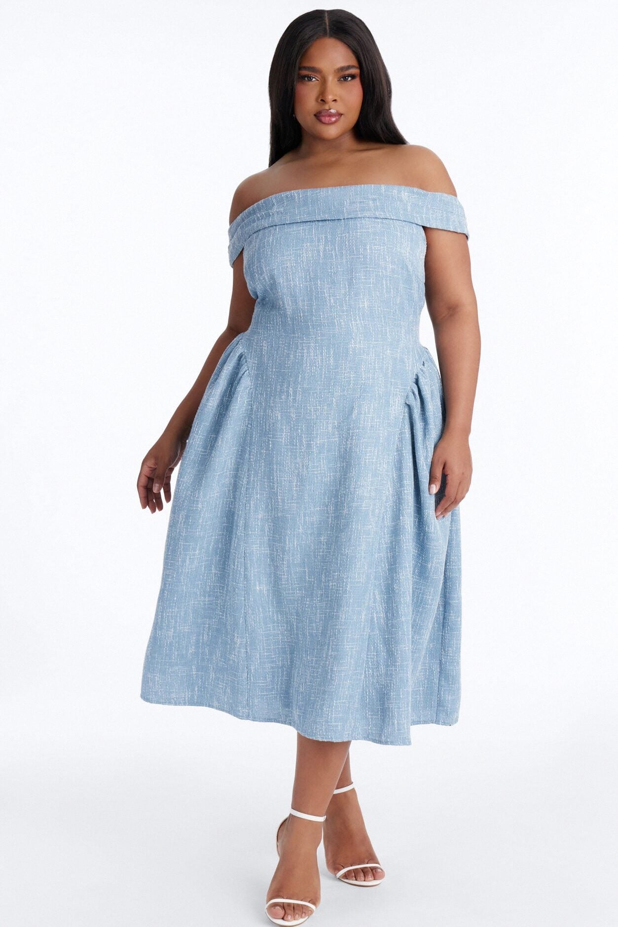 Paisley Off Shoulder Tweed Midi Dress - Denim image 5