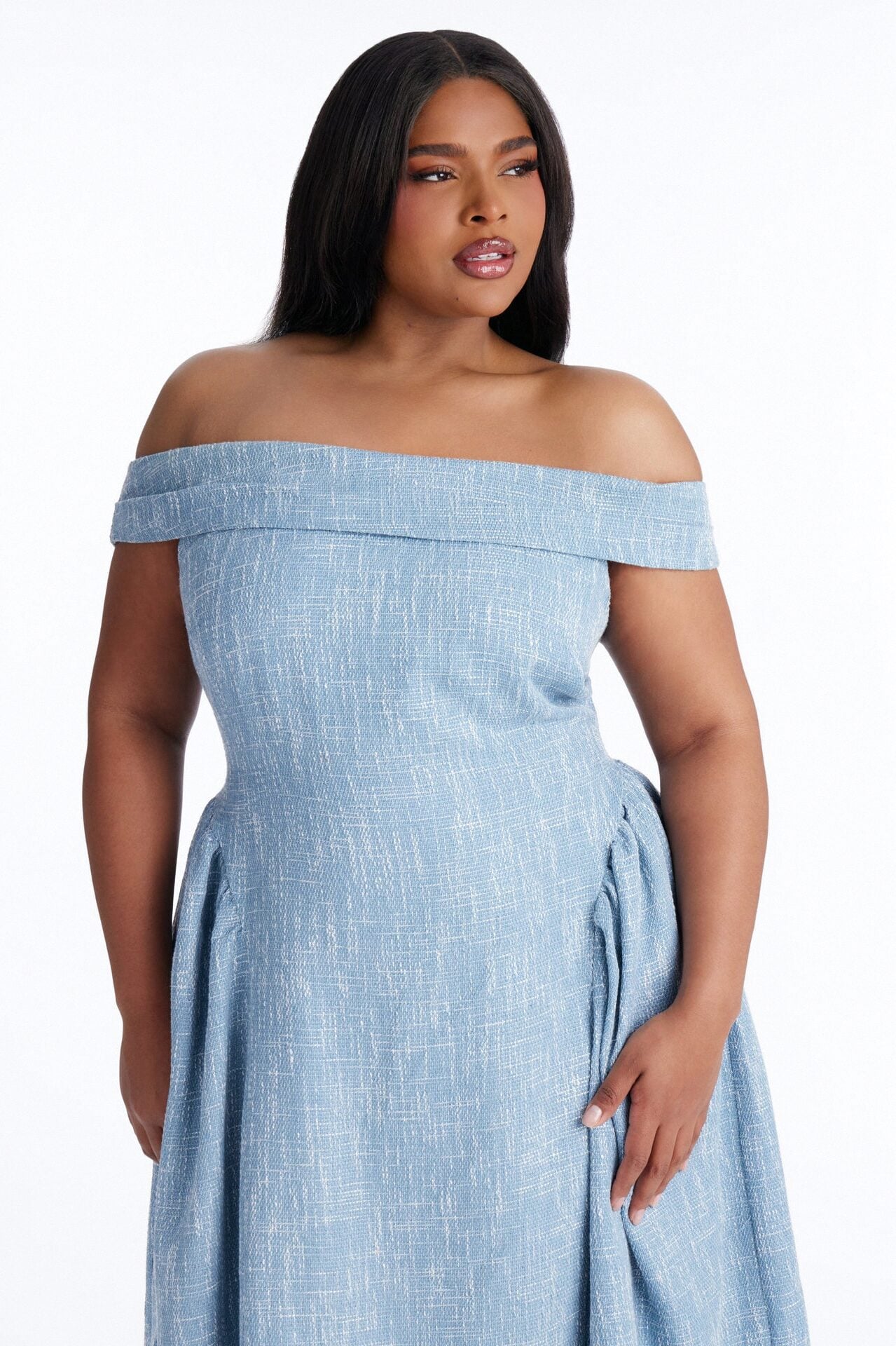 Paisley Off Shoulder Tweed Midi Dress - Denim image 6