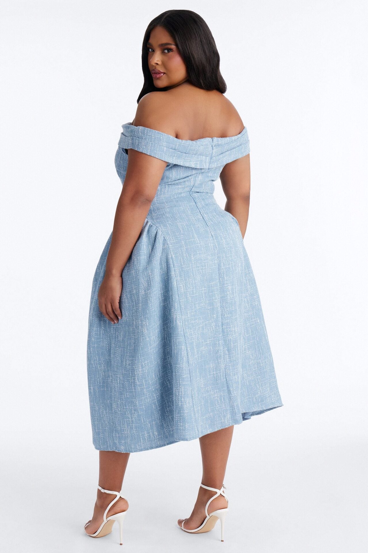 Paisley Off Shoulder Tweed Midi Dress - Denim image 7