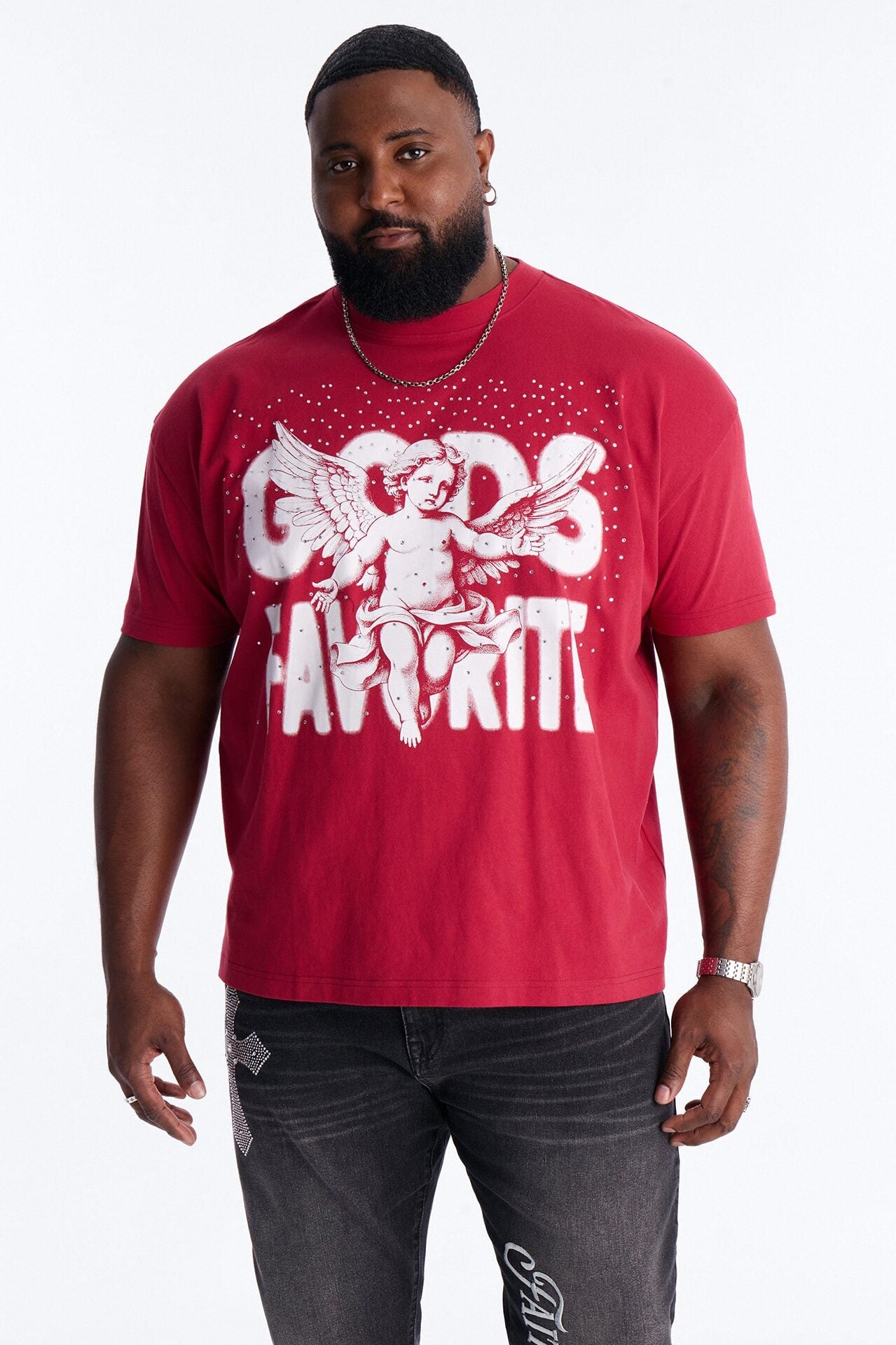 God's Favorite Rhinestones Short Sleeve Tee - Red image 4
