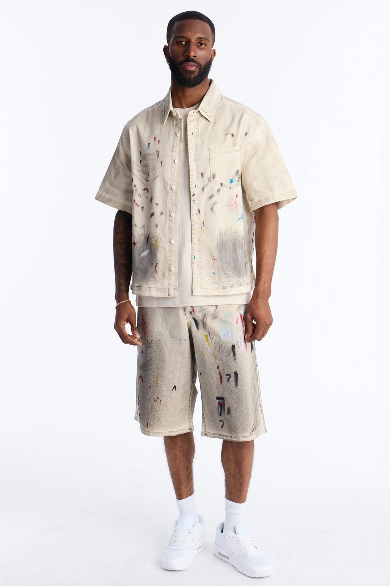 Cropped Hope Street Splatter Denim Button Up Shirt - Cream image 2