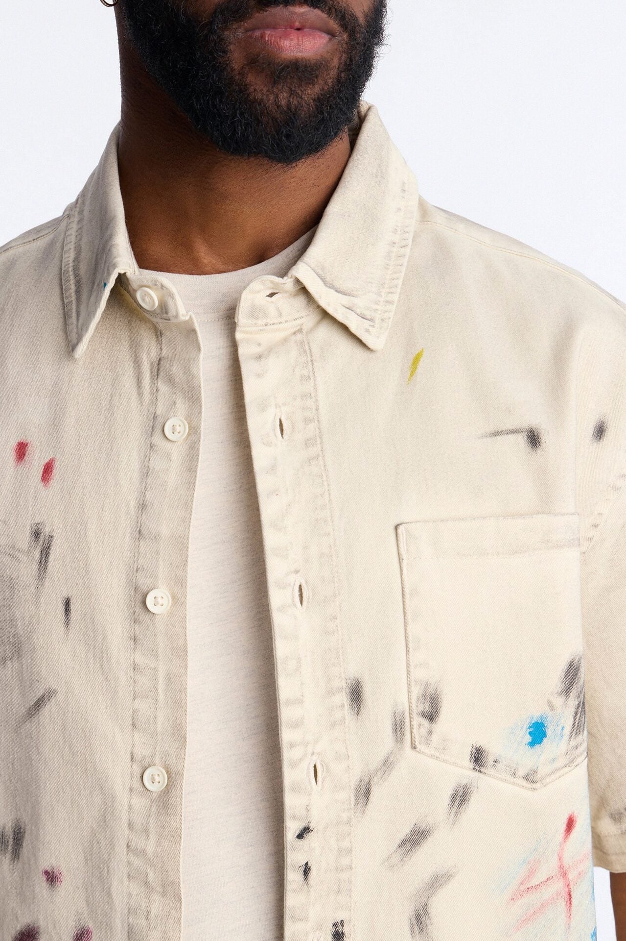 Cropped Hope Street Splatter Denim Button Up Shirt - Cream image 3