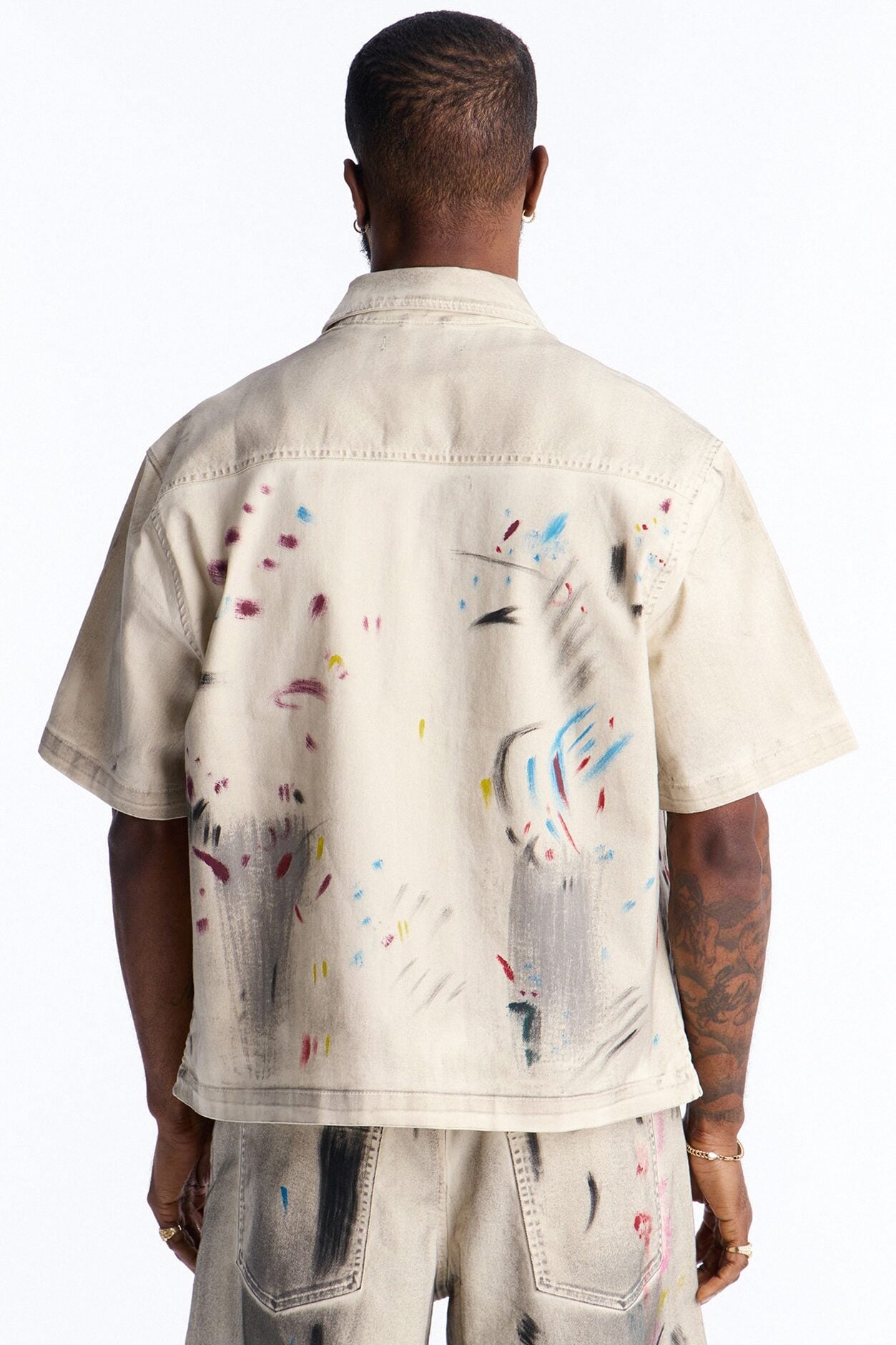 Cropped Hope Street Splatter Denim Button Up Shirt - Cream image 4