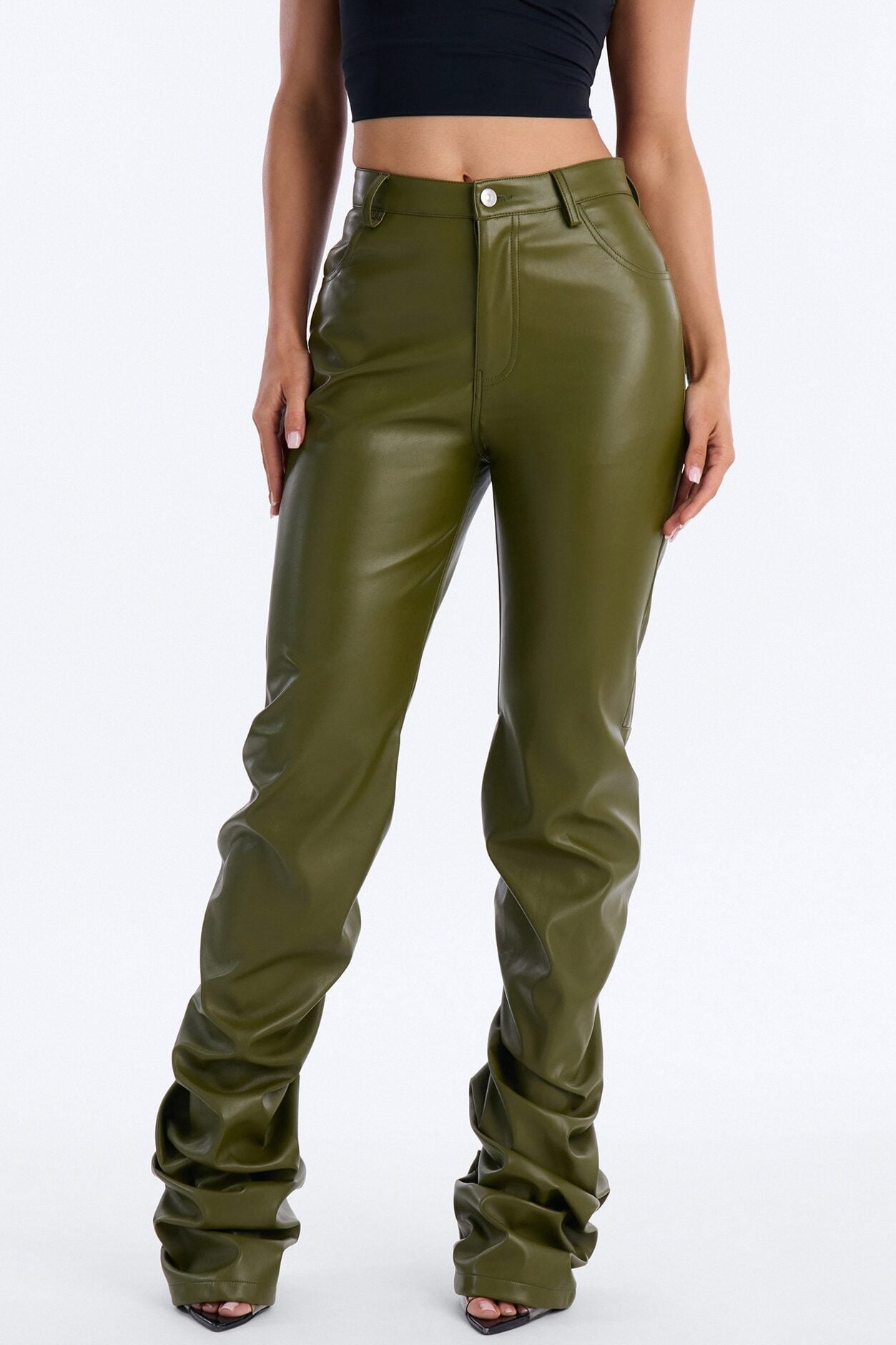 Making A Statement Faux Leather Stacked Pant 36 - Olive image 2