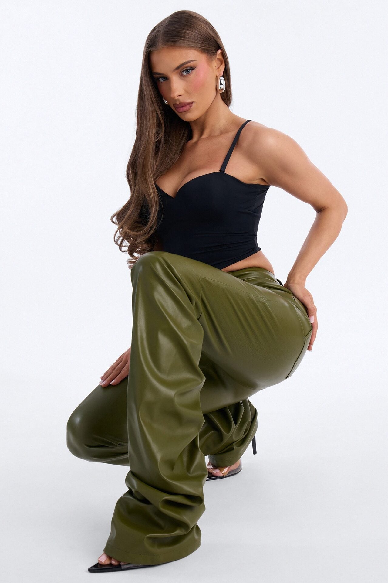 Making A Statement Faux Leather Stacked Pant 36 - Olive image 3