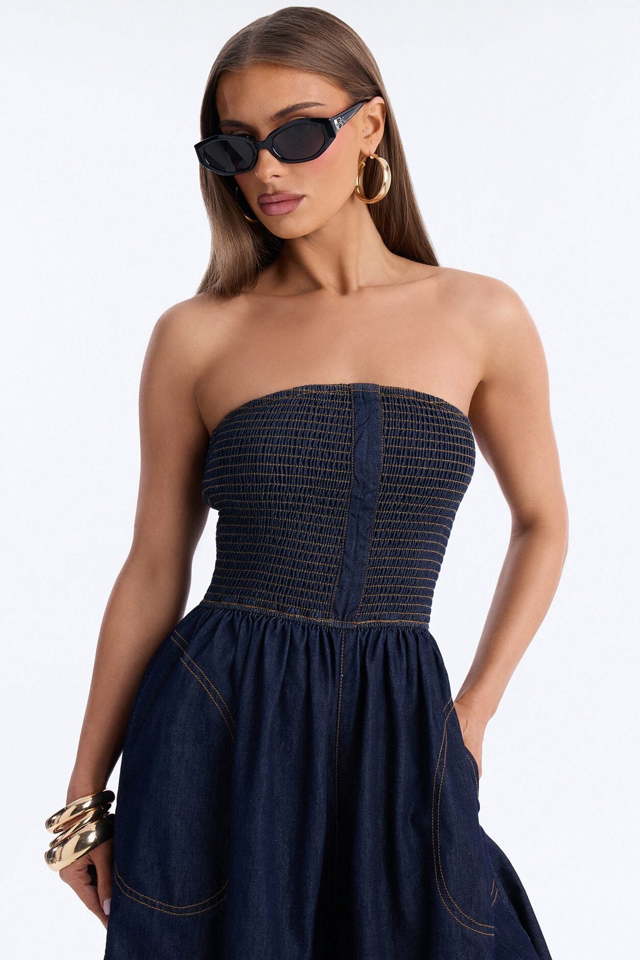 Bella Smocked Denim Jumpsuit - Dark Wash image 2
