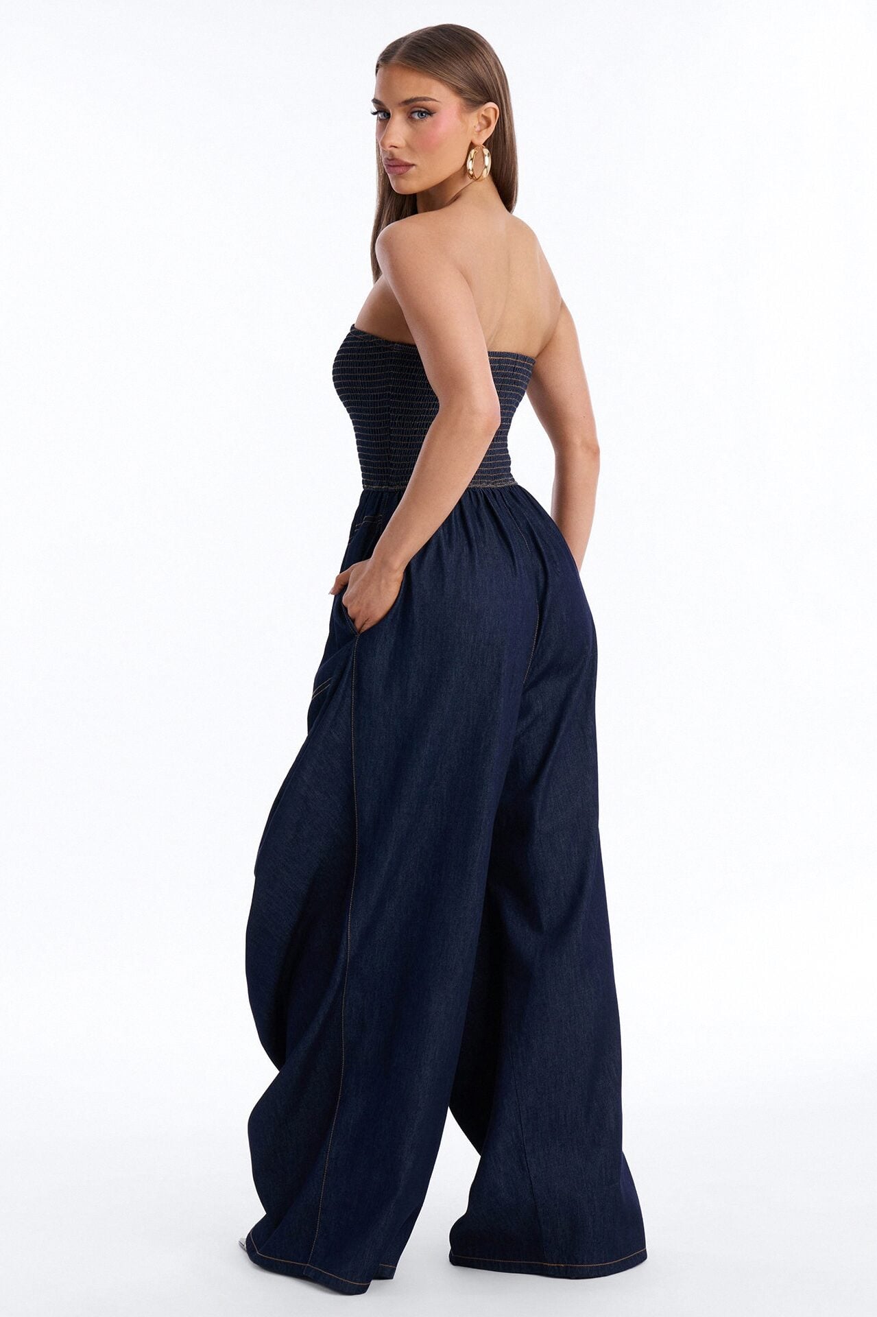 Bella Smocked Denim Jumpsuit - Dark Wash image 3