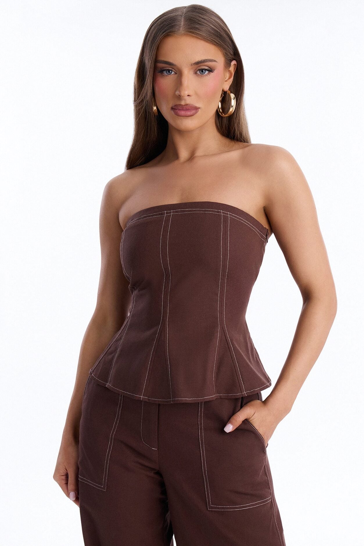 Olivia Linen Strapless Pant Set - Brown image 2